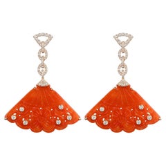 Dazzling Vintage Orange Jade Fan-Shaped Earrings in 14 Karat Yellow Gold