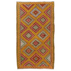 6x10.7 Ft Dazzling Vintage Turkish Kilim Rug in Red, Yellow, Green & Gray Colors