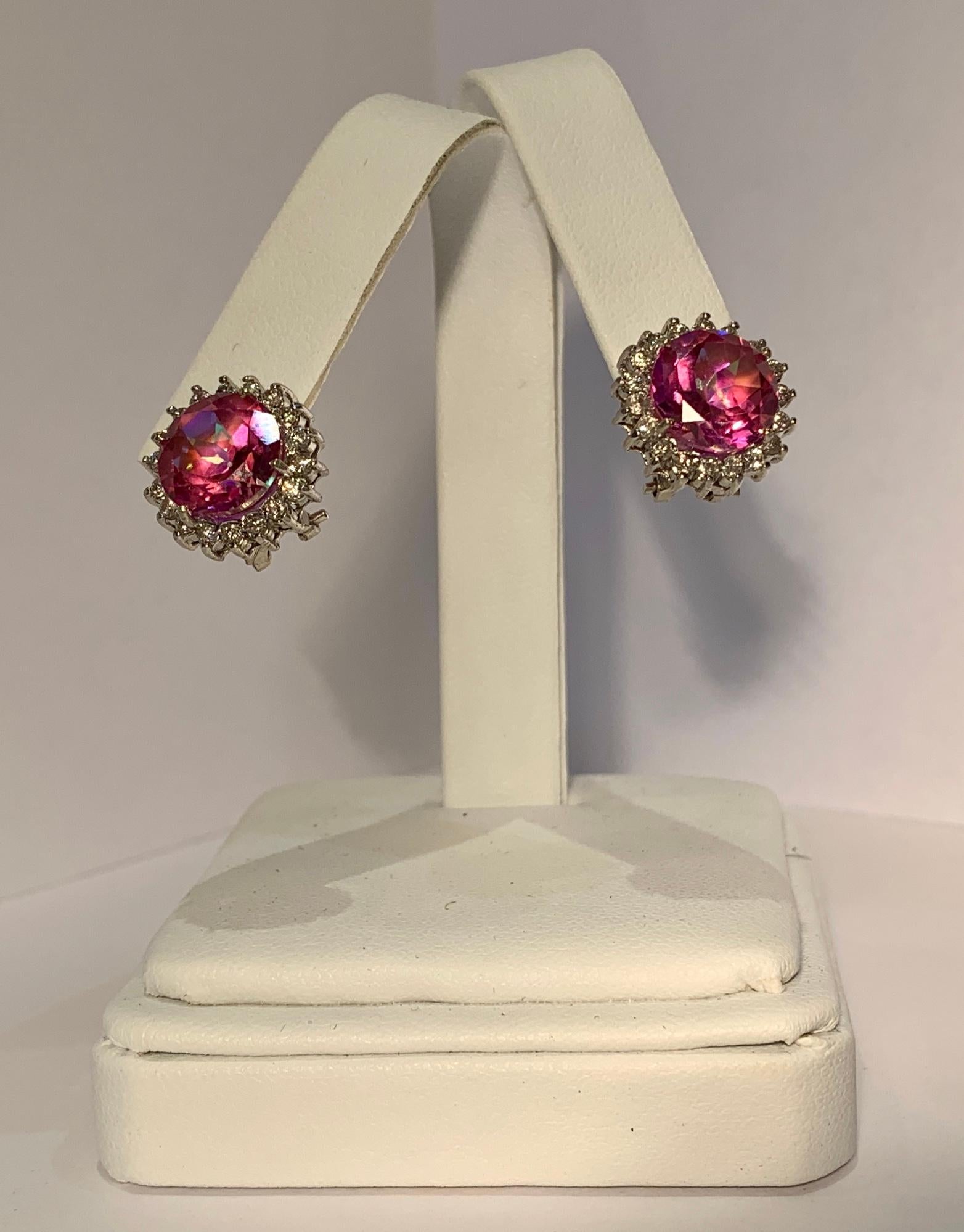 Round Cut Dazzling Vivid Pink Mystic Topaz Diamond Halo White Gold Earrings