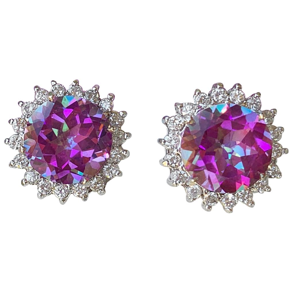 Dazzling Vivid Pink Mystic Topaz Diamond Halo White Gold Earrings