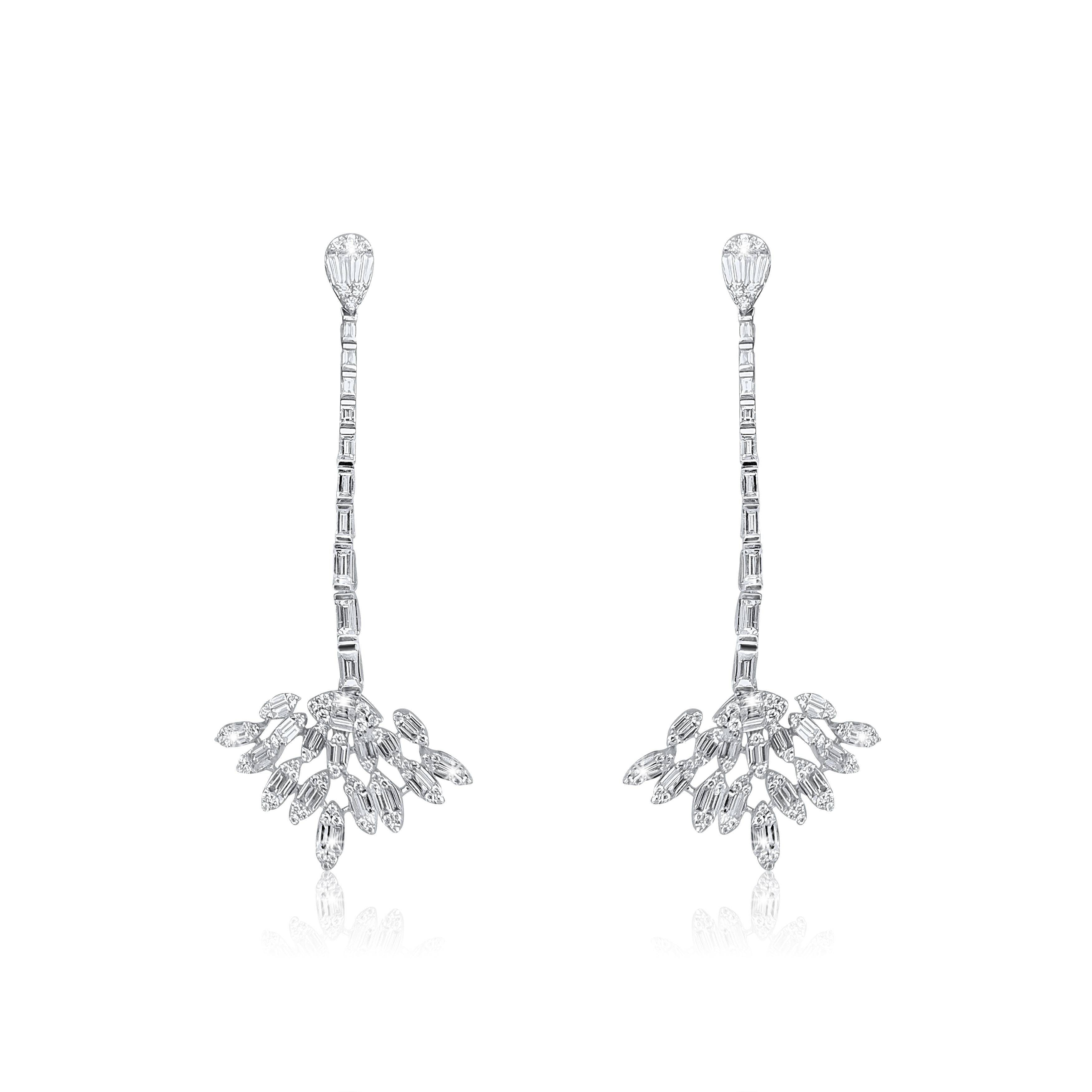 Earring Information

Metal Purity : 18K
Color : White Gold
Gold Weight : 10.91g
Diamond Count : 76 Round Diamonds
Round Diamond Carat Weight : 0.54 ttcw
Baguette Diamonds Count : 80
Baguette Diamonds Carat Weight : 2.48 ttcw
Serial #EA16045
