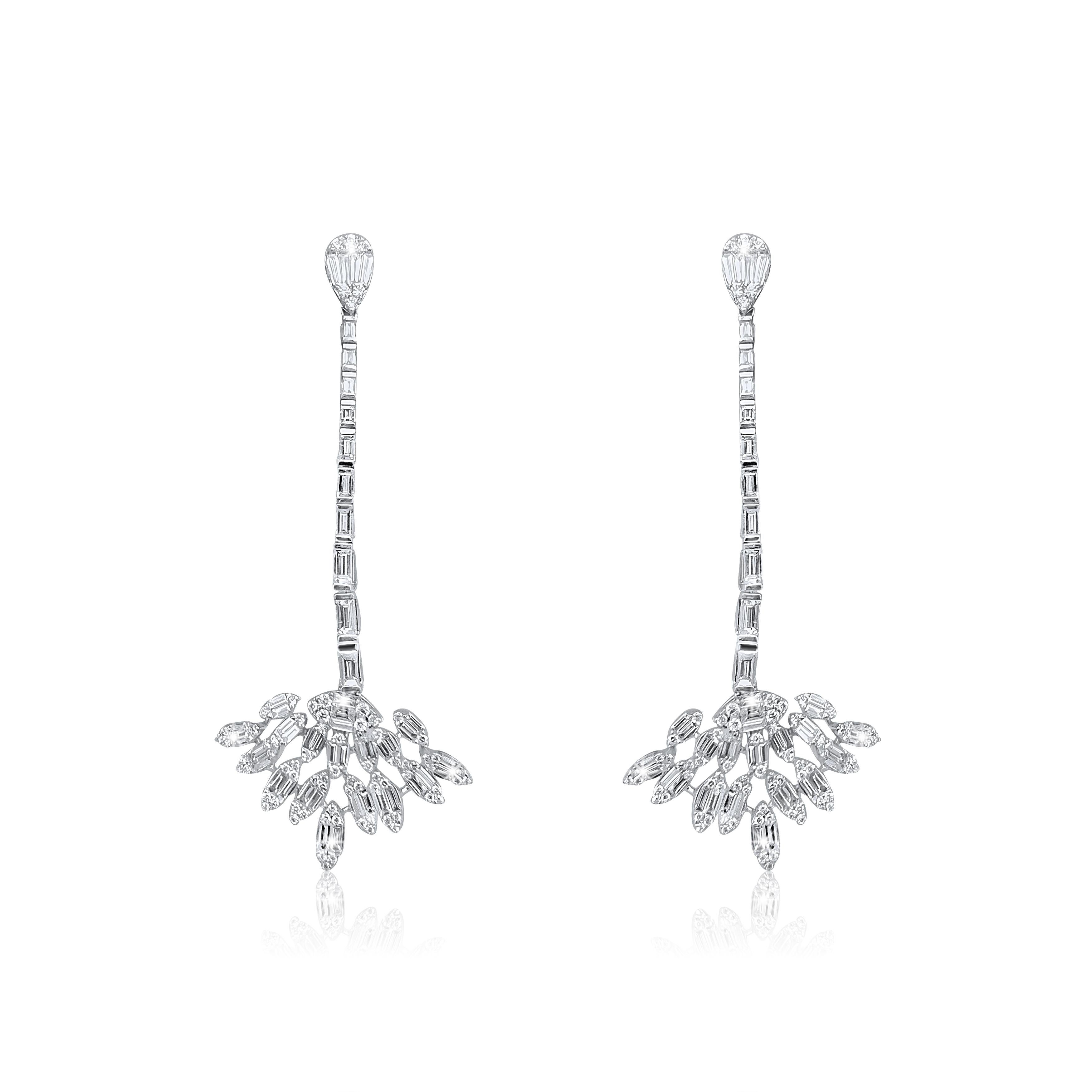 Modern 76 Round Baguette Diamonds 18K White Gold Earrings For Sale