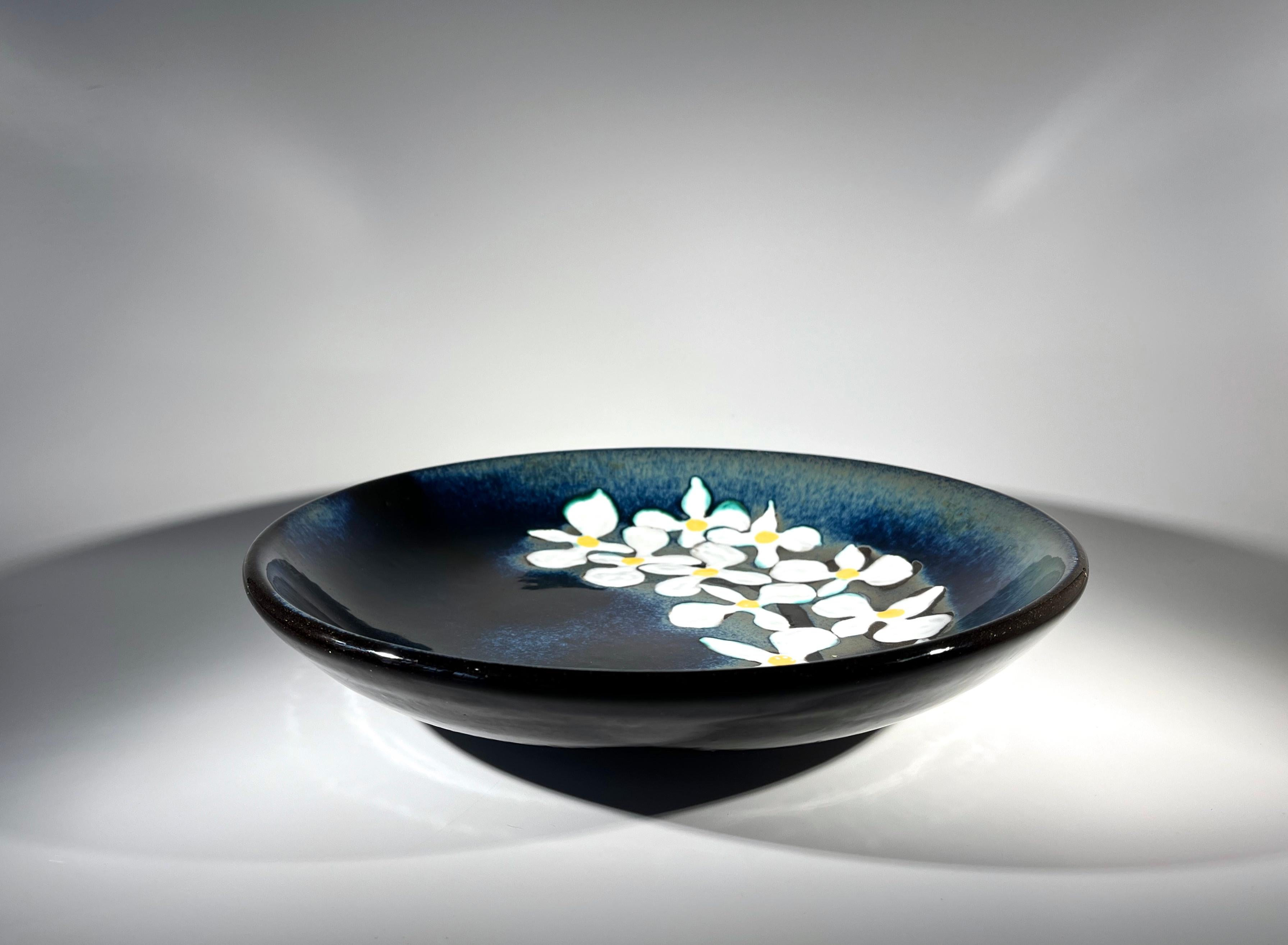 Swedish Dazzling White Orchid  On Blue Ceramic Bowl By Upsala Ekeby, Sweden c1960 For Sale