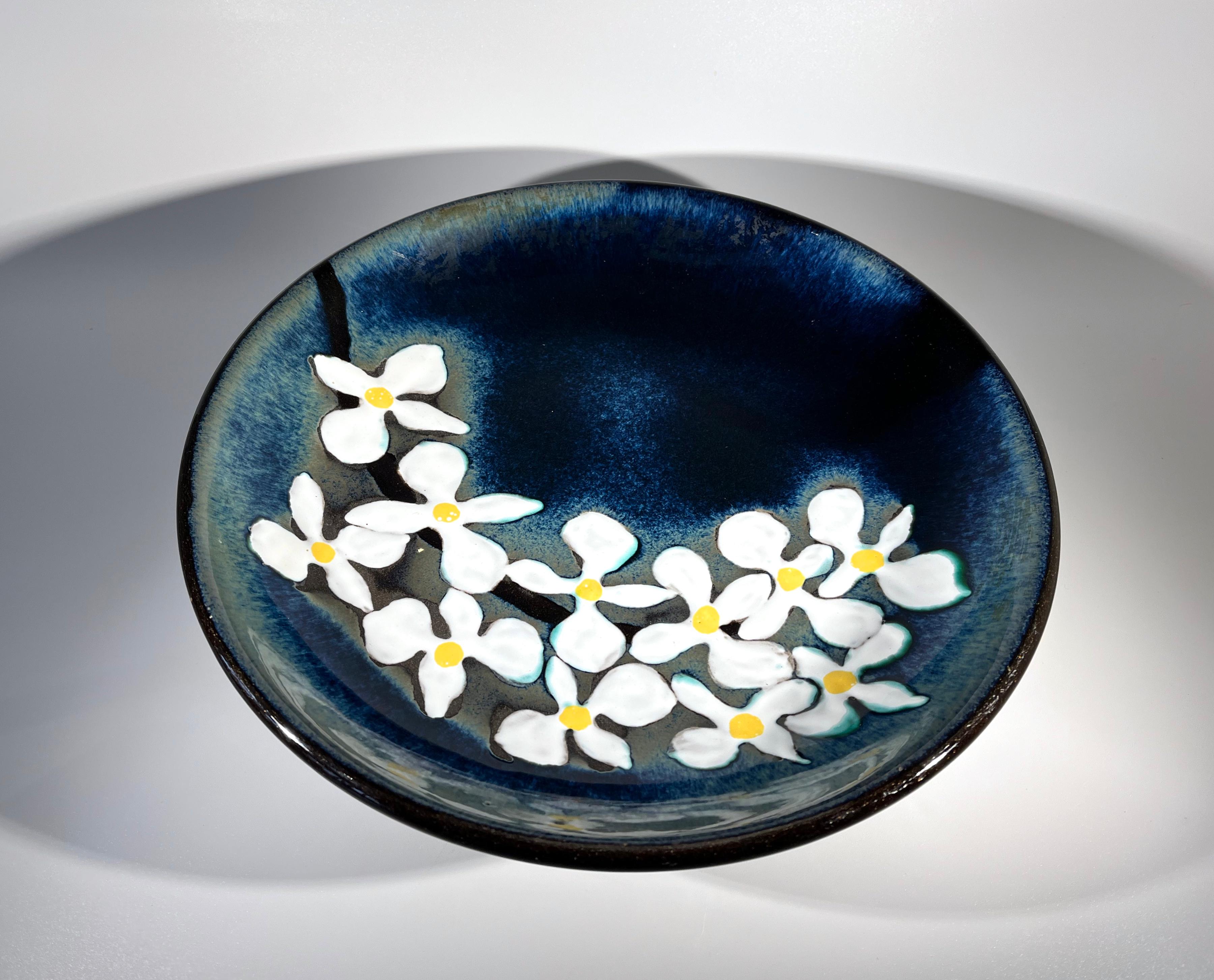 Glazed Dazzling White Orchid  On Blue Ceramic Bowl By Upsala Ekeby, Sweden c1960 For Sale