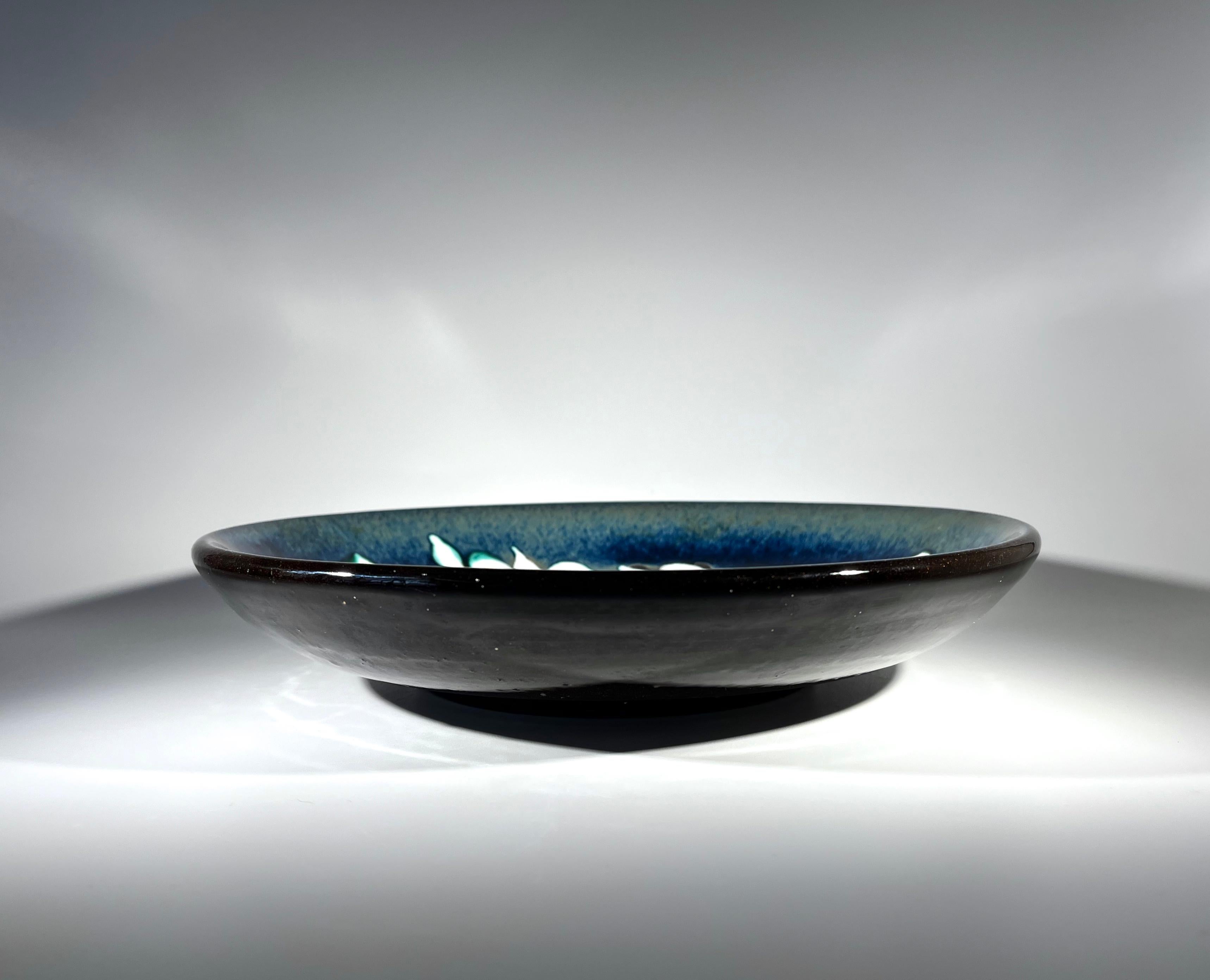 20th Century Dazzling White Orchid  On Blue Ceramic Bowl By Upsala Ekeby, Sweden c1960 For Sale