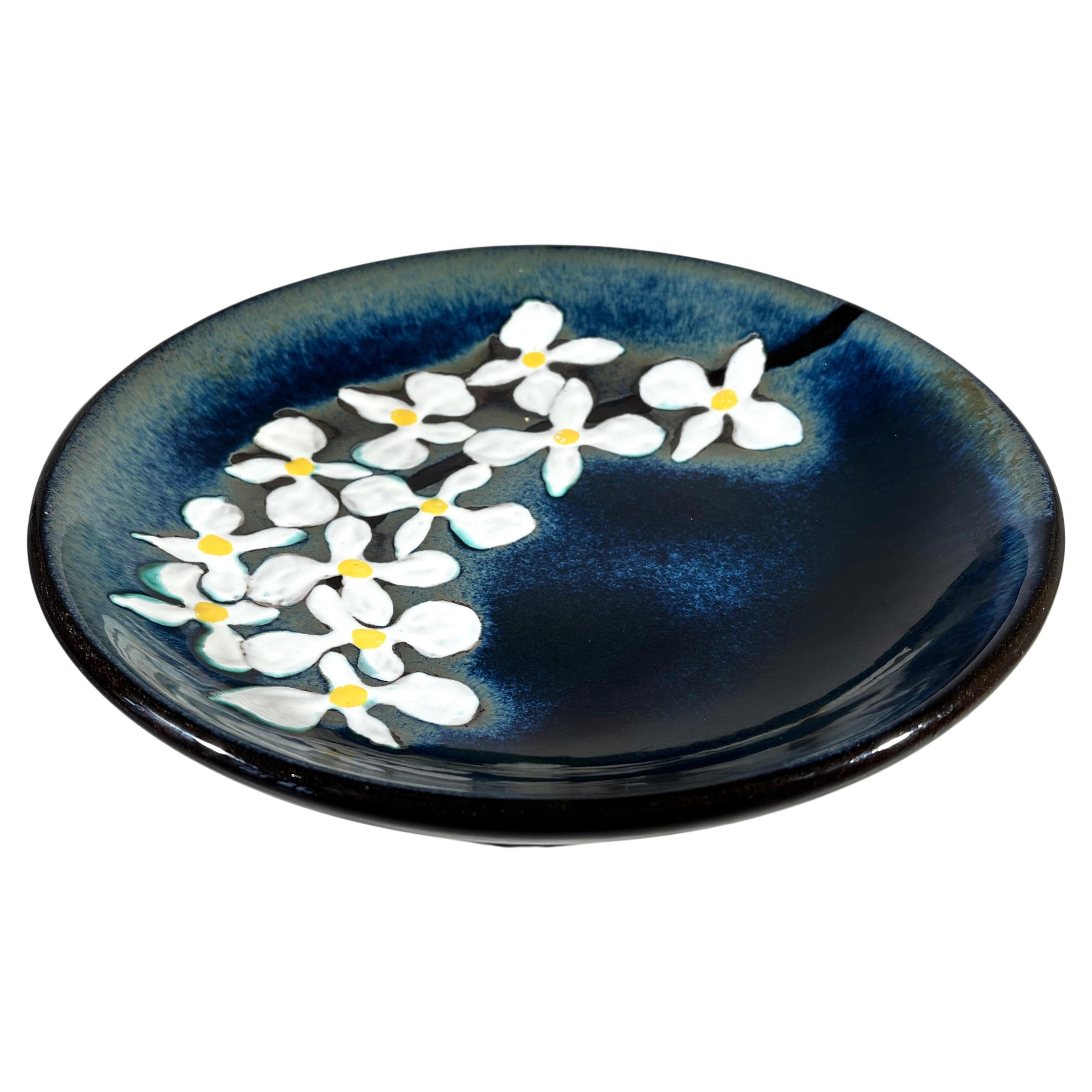 Dazzling White Orchid  On Blue Ceramic Bowl By Upsala Ekeby, Sweden c1960 For Sale