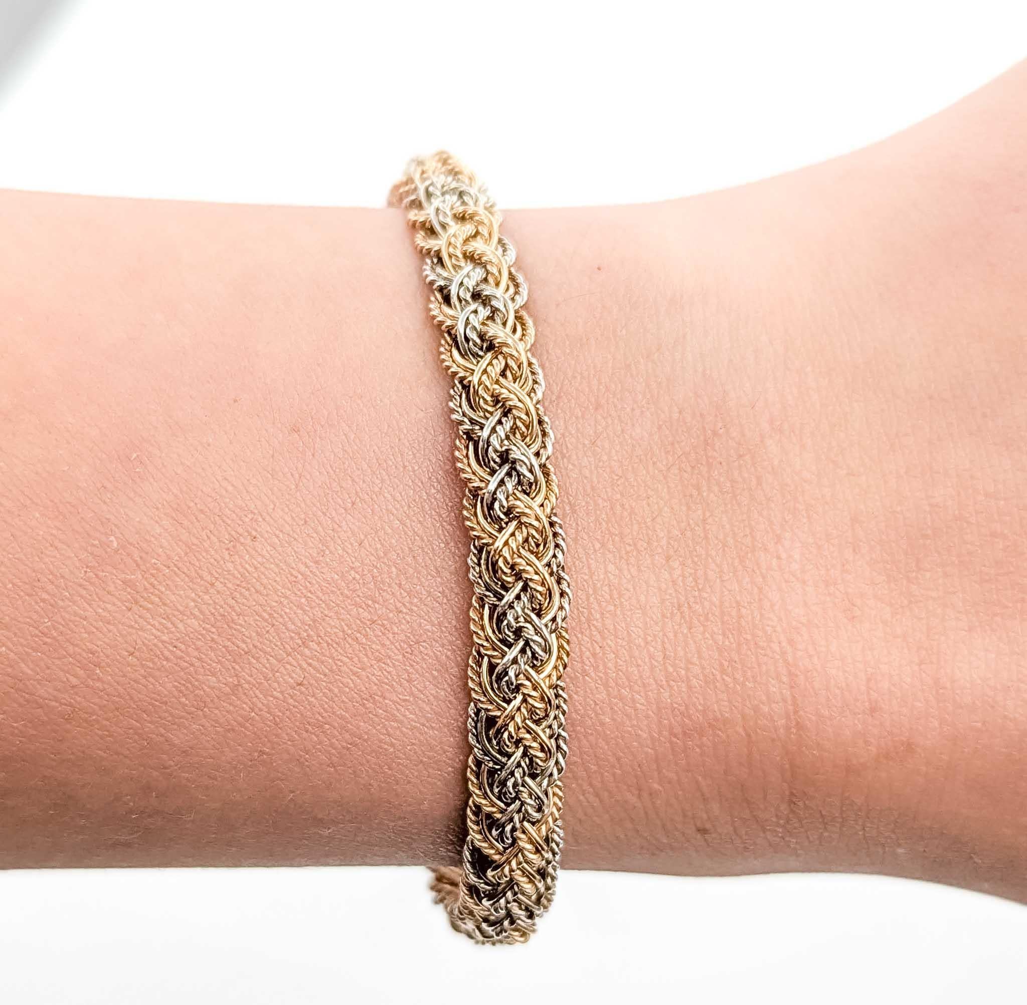 Contemporary Dazzling Woven Bracelet in 14k Tri-Color Gold For Sale