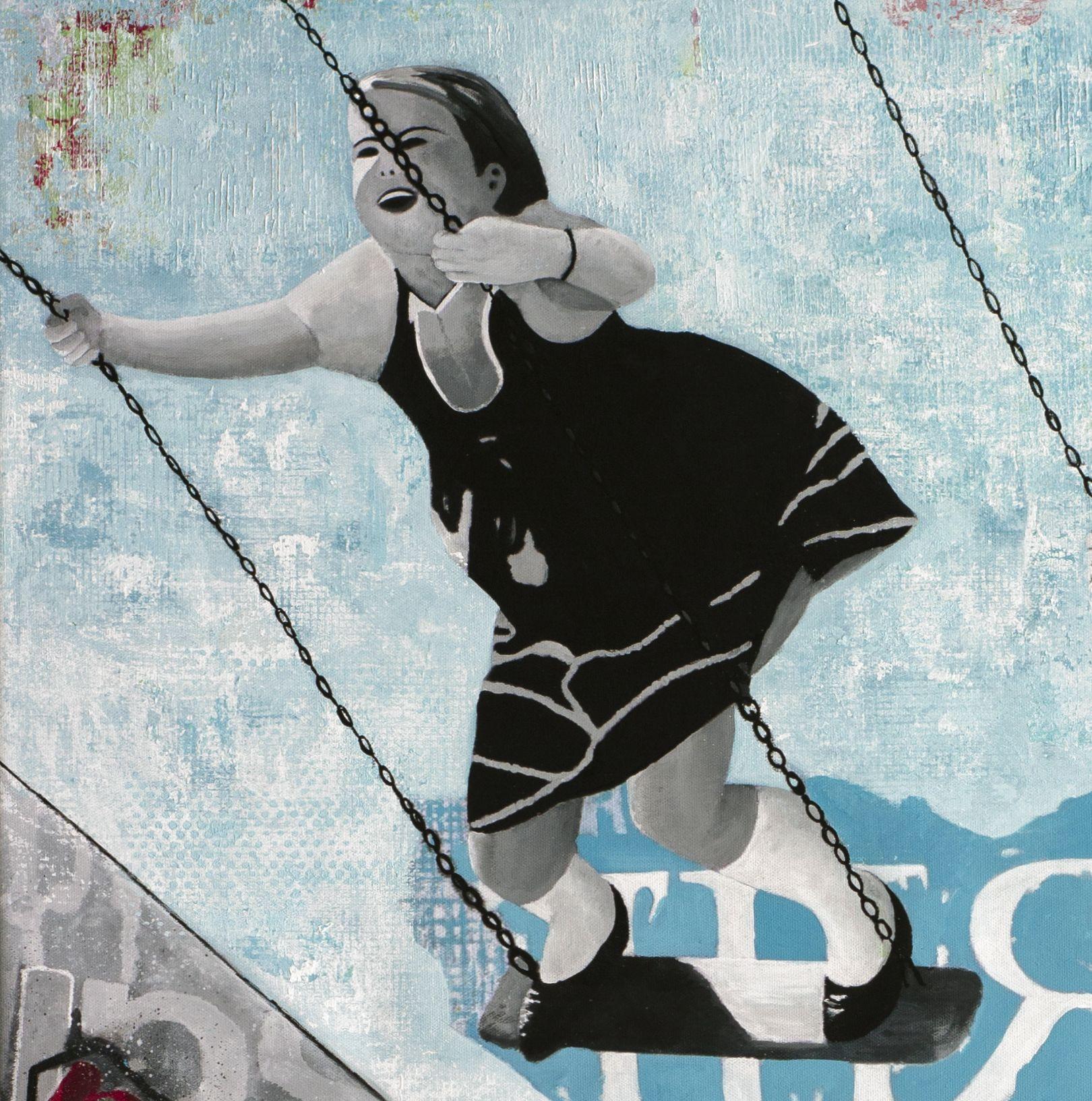 Two girls having fun with a swing. It's Saturday. The blue color is part of the free feeling of the Saturday.  All of my artworks are inspired by weathered walls with posters, peeling paint and all kinds of things in dilapidation.  I try to create