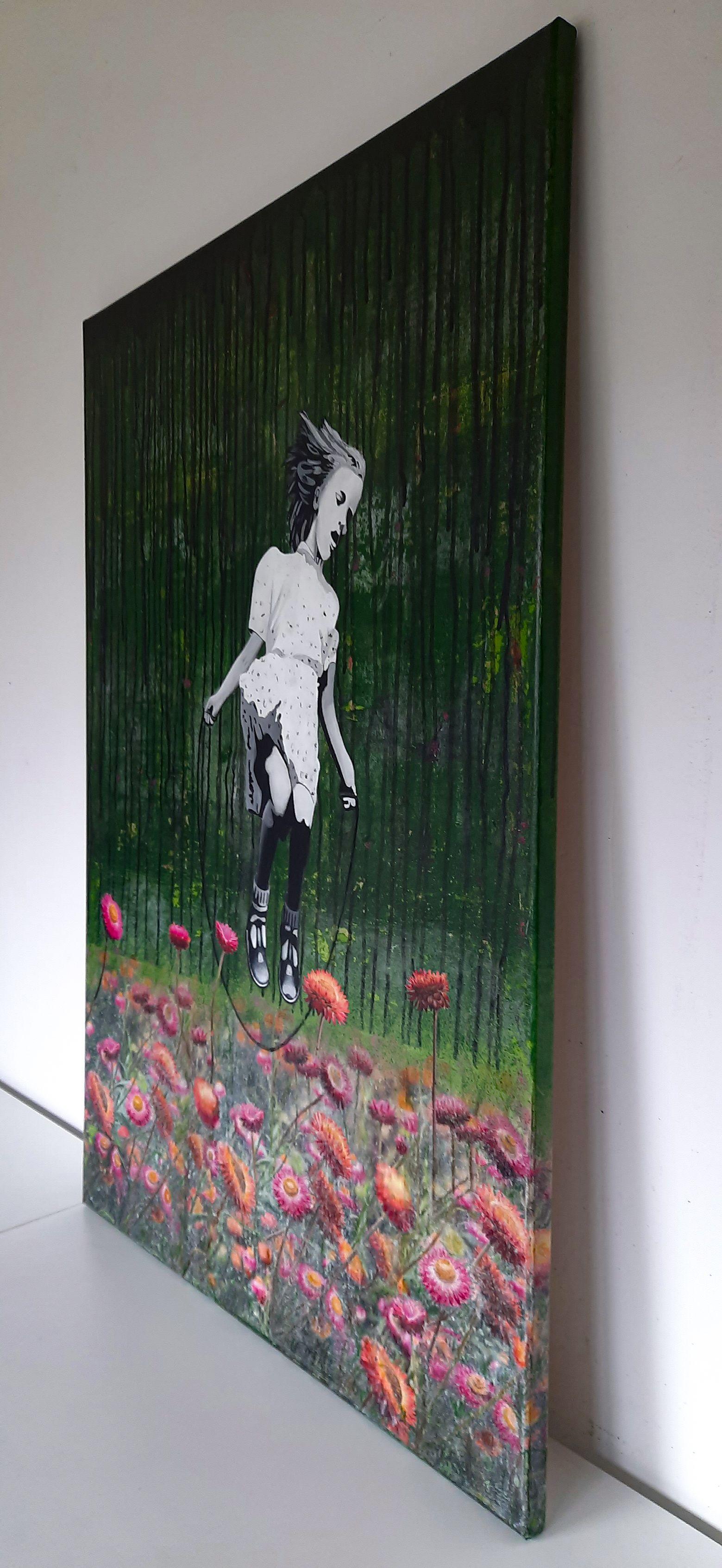 A landscape with a cheerful and summery flower meadow in the foreground and a dark menacing and ominous forest in the background.A girl plays with her skipping rope in the flower field, her back turned to the dark forest. As if she is trying to