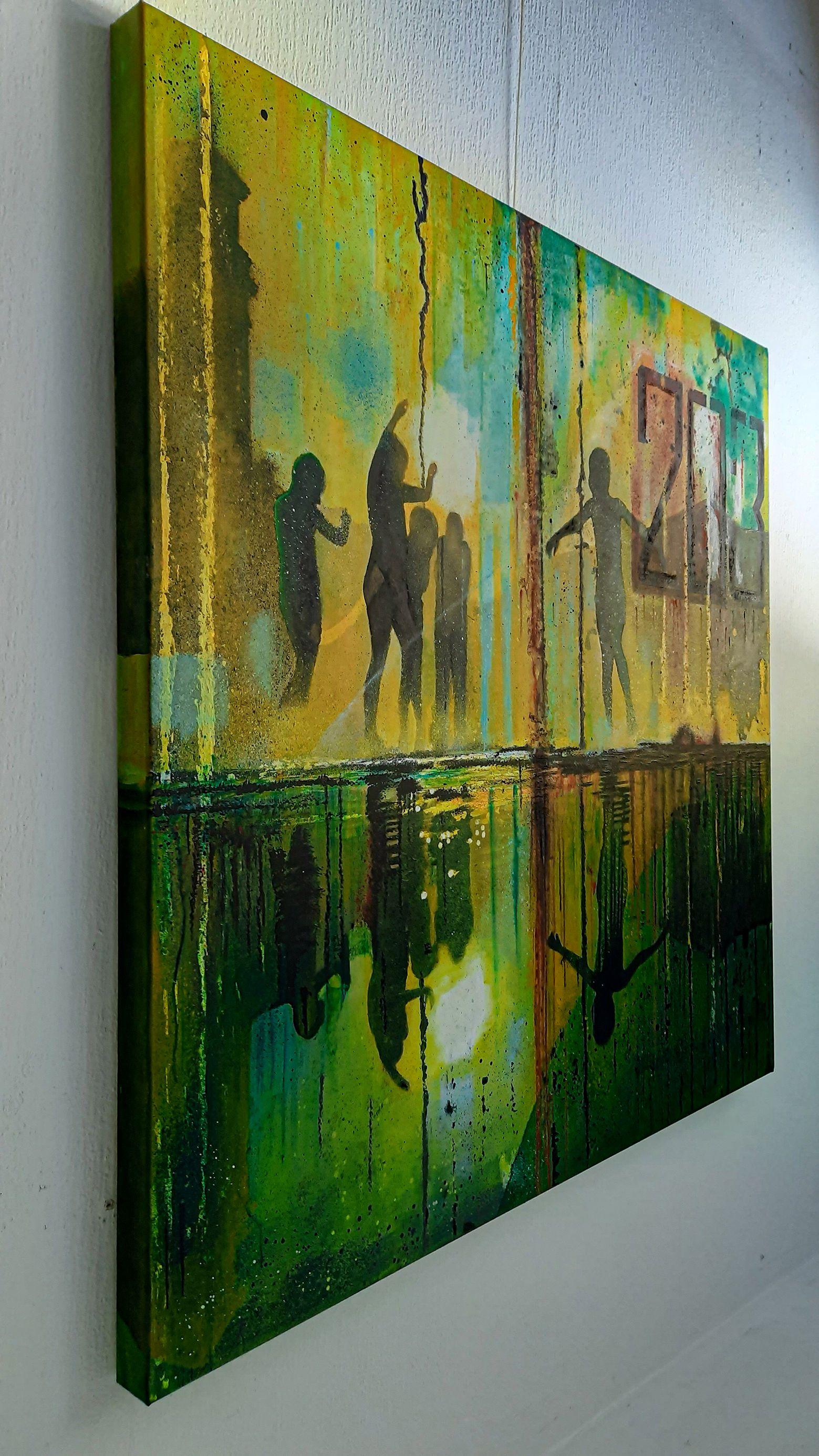 A group of children, rendered in dark silhouettes, run, laugh and play around a city fountain. Their carefree spirit creates a powerful juxtaposition of innocence against the harsh reality of climate change.    The fountain, symbolizes an urban