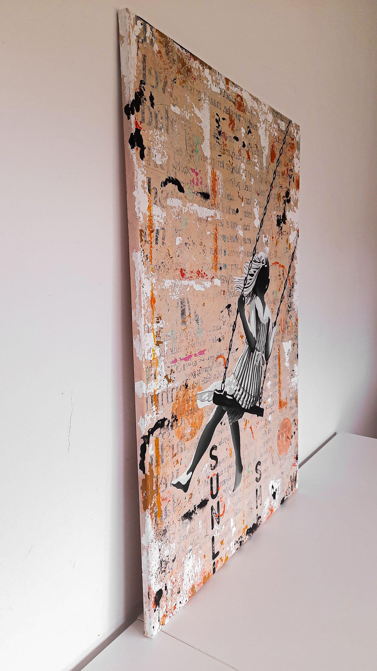 In this mixed media artwork, the viewer is transported to a world where street art meets the serenity of children's play. Against a soothing beige background, a swing takes center stage, stimulating the imagination. Painted in striking shades of