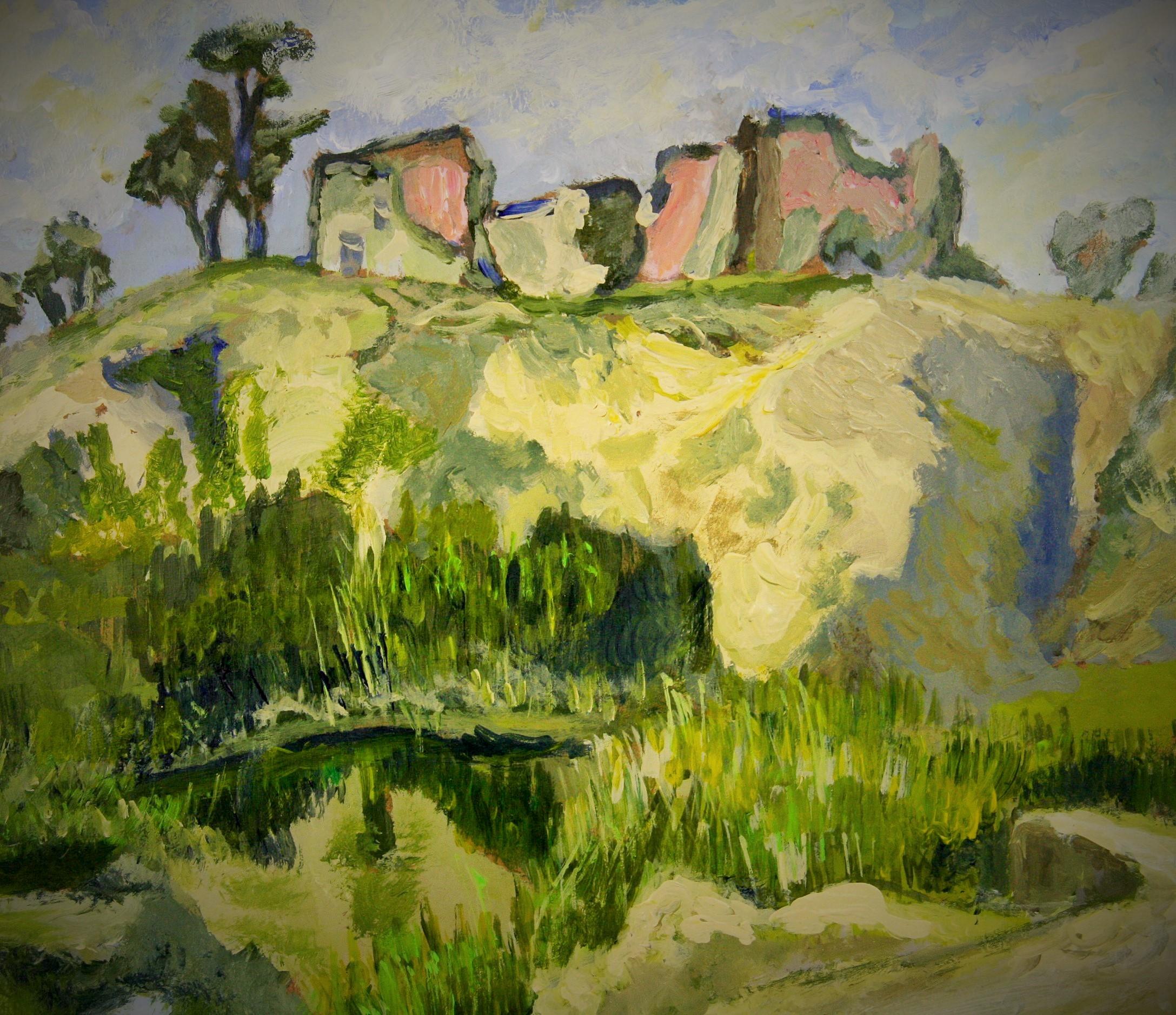 Paysage impressionniste français d'un village aandoné 1950 - Painting de D.Costa