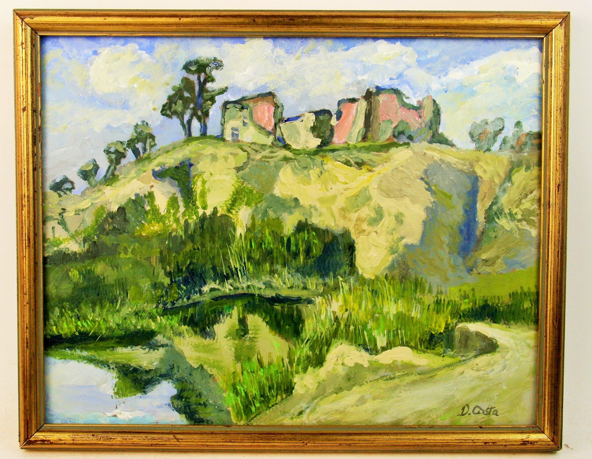 Landscape Painting D.Costa - Paysage impressionniste français d'un village aandoné 1950