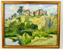 Paysage impressionniste français d'un village aandoné 1950