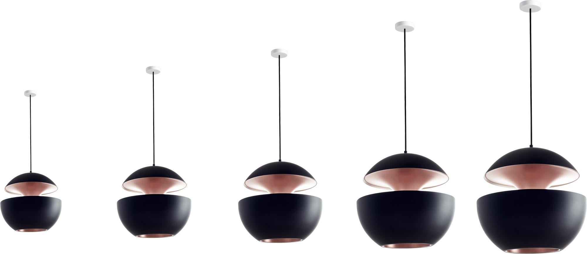 DCW Editions Here Comes the Sun 175 Pendant Lamp in Black Pink Copper Aluminium by Bertrand Balas
 
 Bertrand Balas, architect born in Toulouse in 1935 likes to watch the sun set over the Garonne river. With that musical lilt typical of the south,