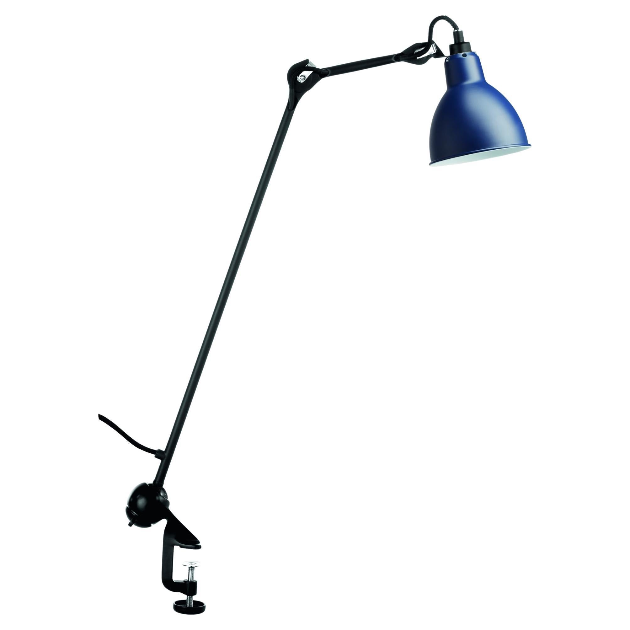 DCW Editions La Lampe Gras N°201 Runde Tischlampe mit schwarzem Arm und blauem Schirm