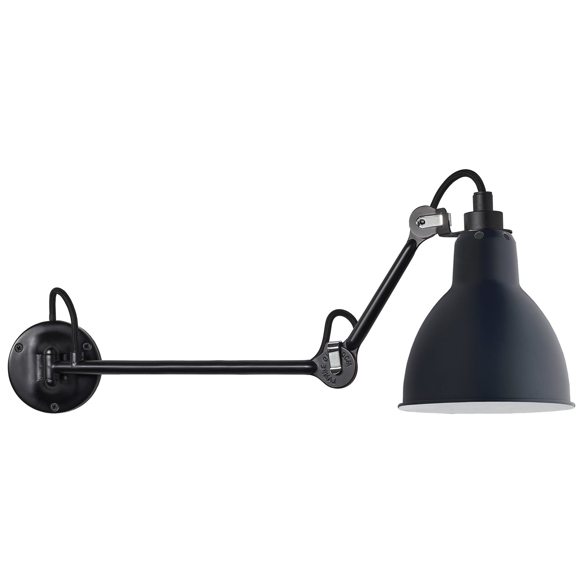 DCW Editions La Lampe Gras N°204 L40 Lampada da parete con braccio in acciaio nero e paralume blu
