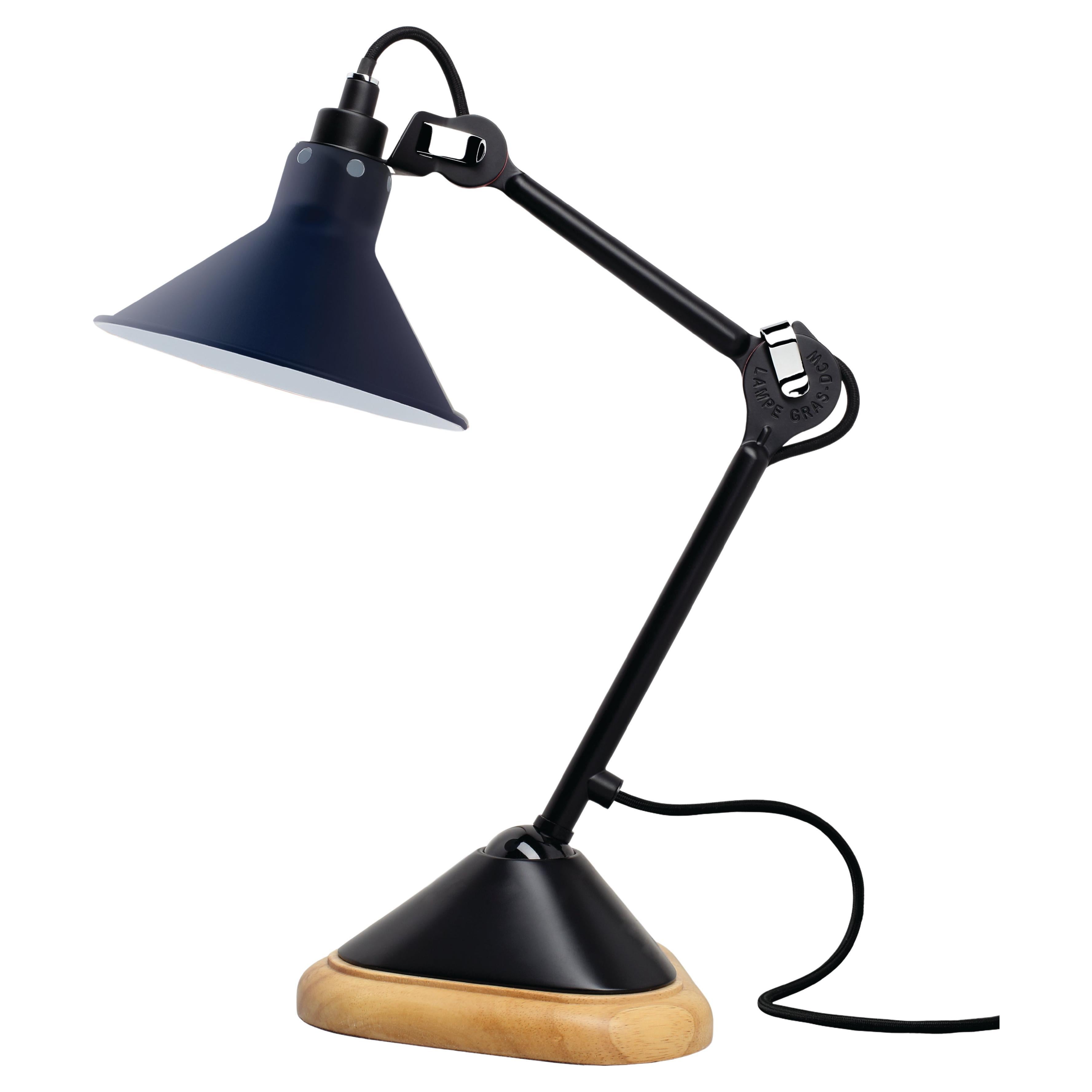 DCW Editions La Lampe Gras N°207 Conic Table Lamp in Black Arm with Blue Shade