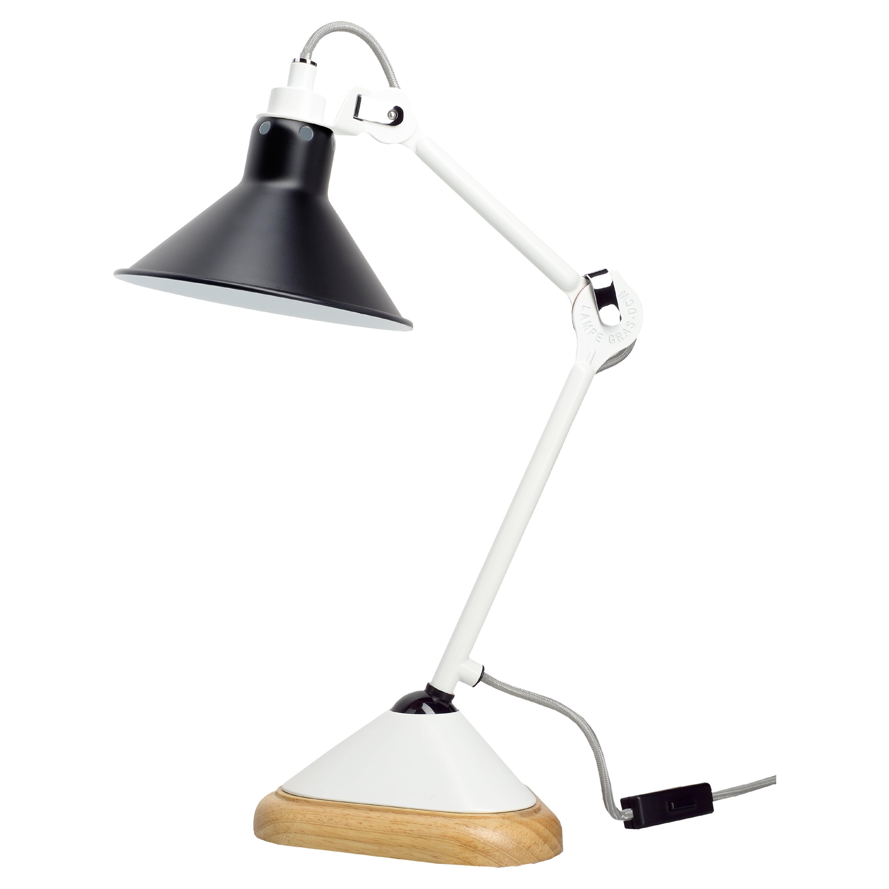 DCW Editions La Lampe Gras N°207 Konische Tischlampe mit weißem Arm und schwarzem Schirm im Angebot