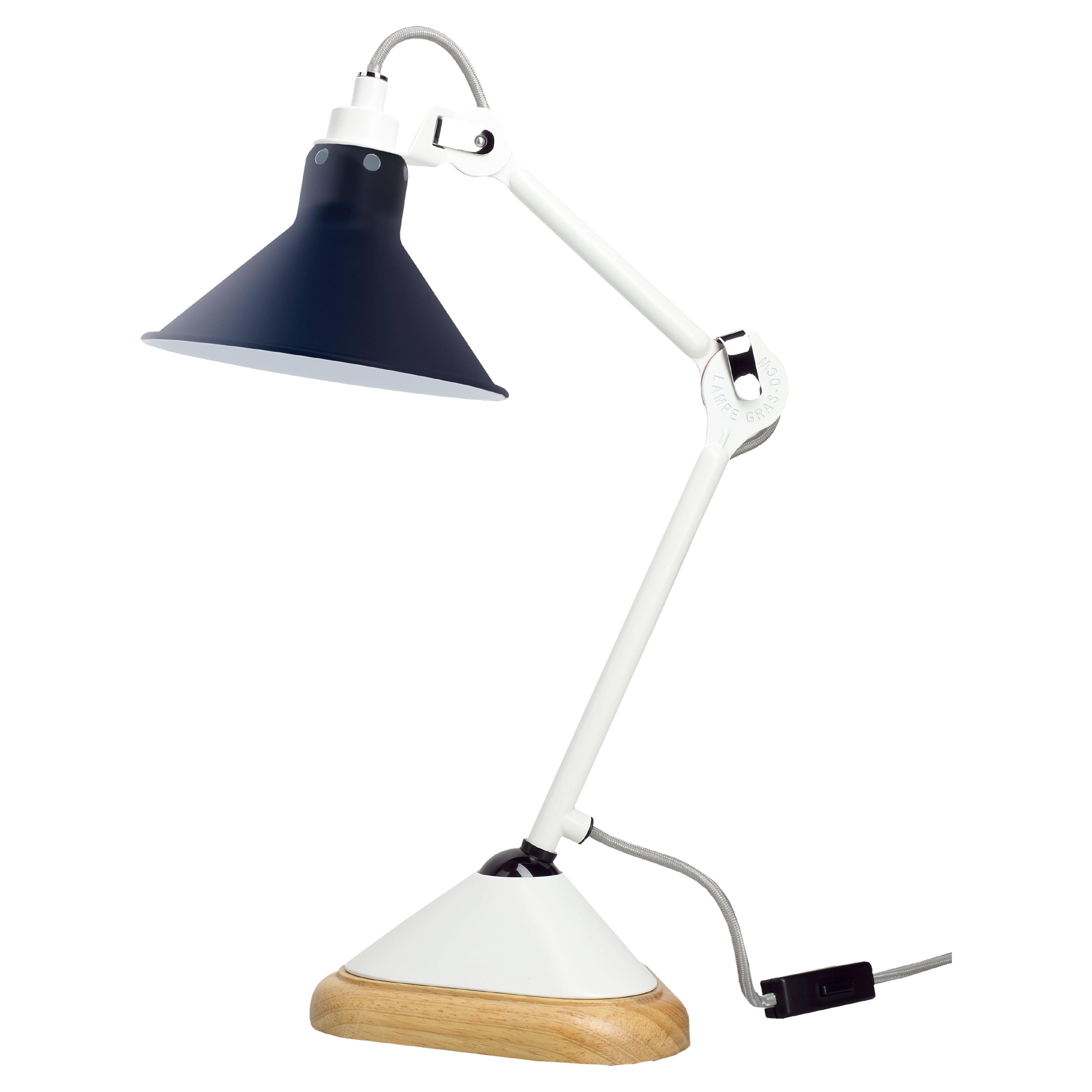DCW Editions La Lampe Gras N°207 Conic Table Lamp in White Arm with Blue Shade For Sale
