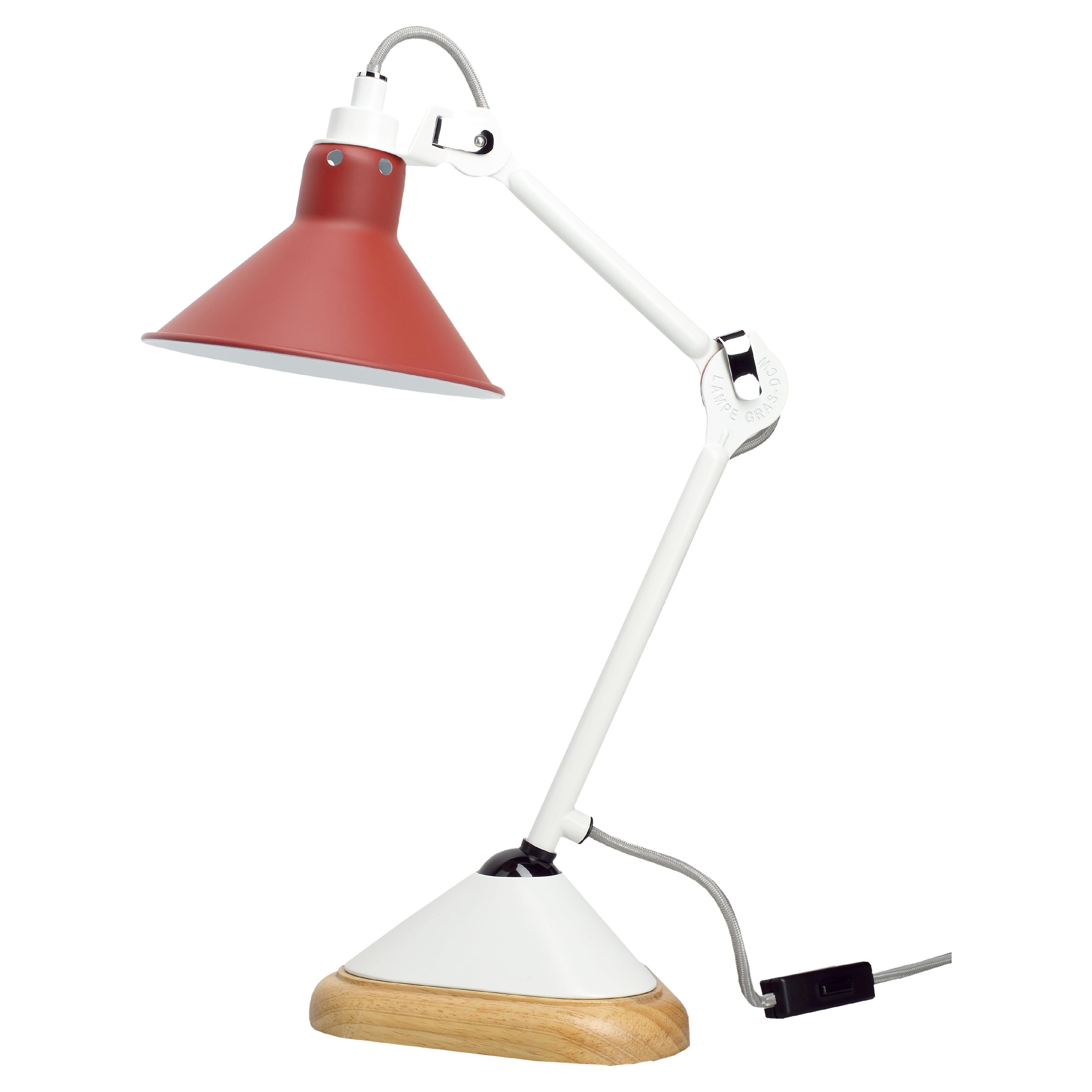 DCW Editions La Lampe Gras N°207 Conic Table Lamp in White Arm with Red Shade For Sale