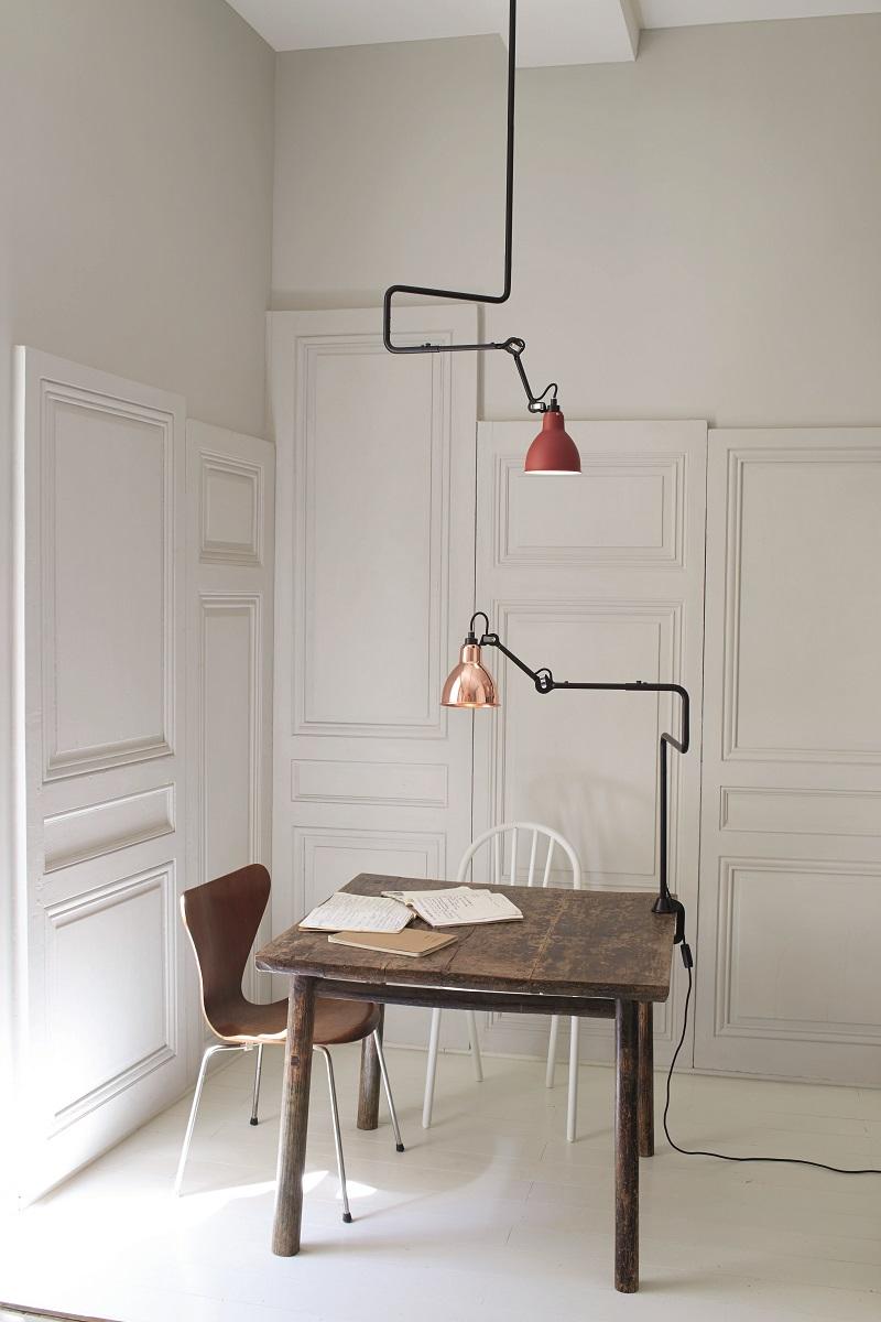 DCW Editions La Lampe Gras N°312 Pendant Lamp in Black Steel Arm and White Copper Shade by Bernard-Albin Gras
 
 We have decided to edit a very distinctive hanging lamp, very graphic, practical with its extension (you can adjust the height of the