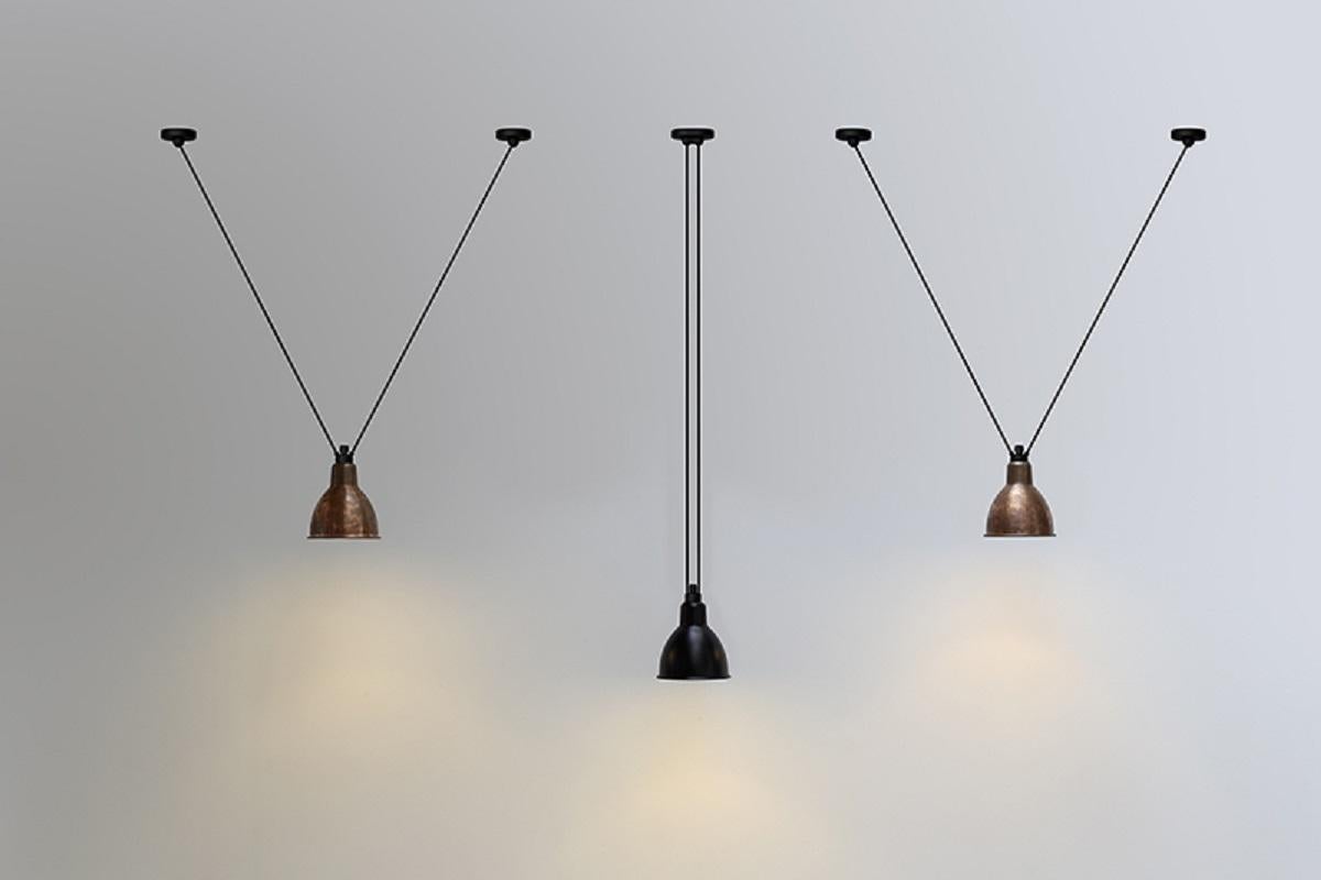 DCW Editions Les Acrobates Nº322 Large Round Pendant Lamp in Black Steel Arm and Black Shade by Bernard-Albin Gras
 
 Les Acrobates de GRAS are adept at doing tricks high in the air, way above the ground. The high wire flyers (Nº323, Nº324, Nº325,