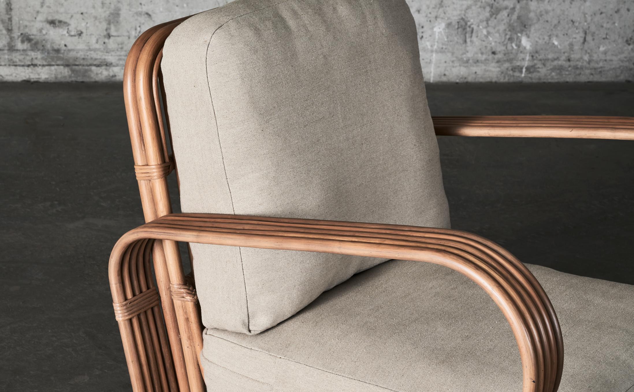 Contemporary Bamboo Lounge Chair Beige Linen Upholstery For Sale