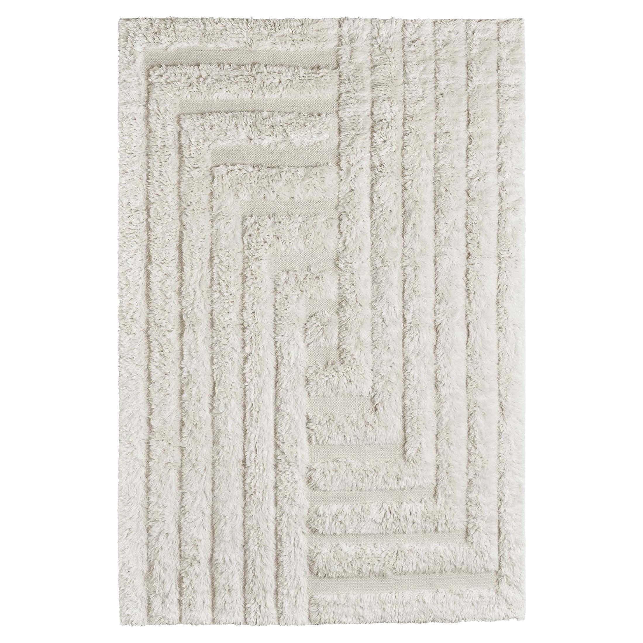 Handwoven Shaggy Labyrinth Wool Rug White Medium For Sale