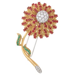 De Ambrogi Diamonds, Rubies, Emeralds, 18 Karat Gold and Platinum Flower Brooch