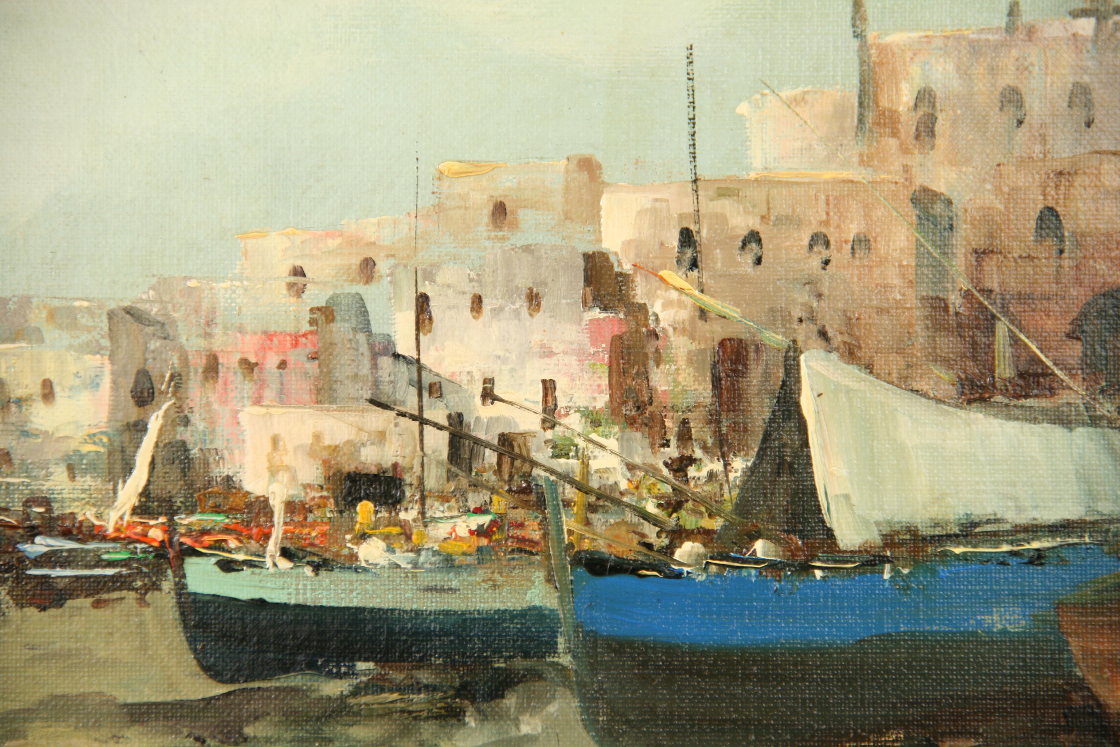   Fishing Boats in a Harbor Italian oil Painting 1950 - Brown Landscape Painting by De Angelis