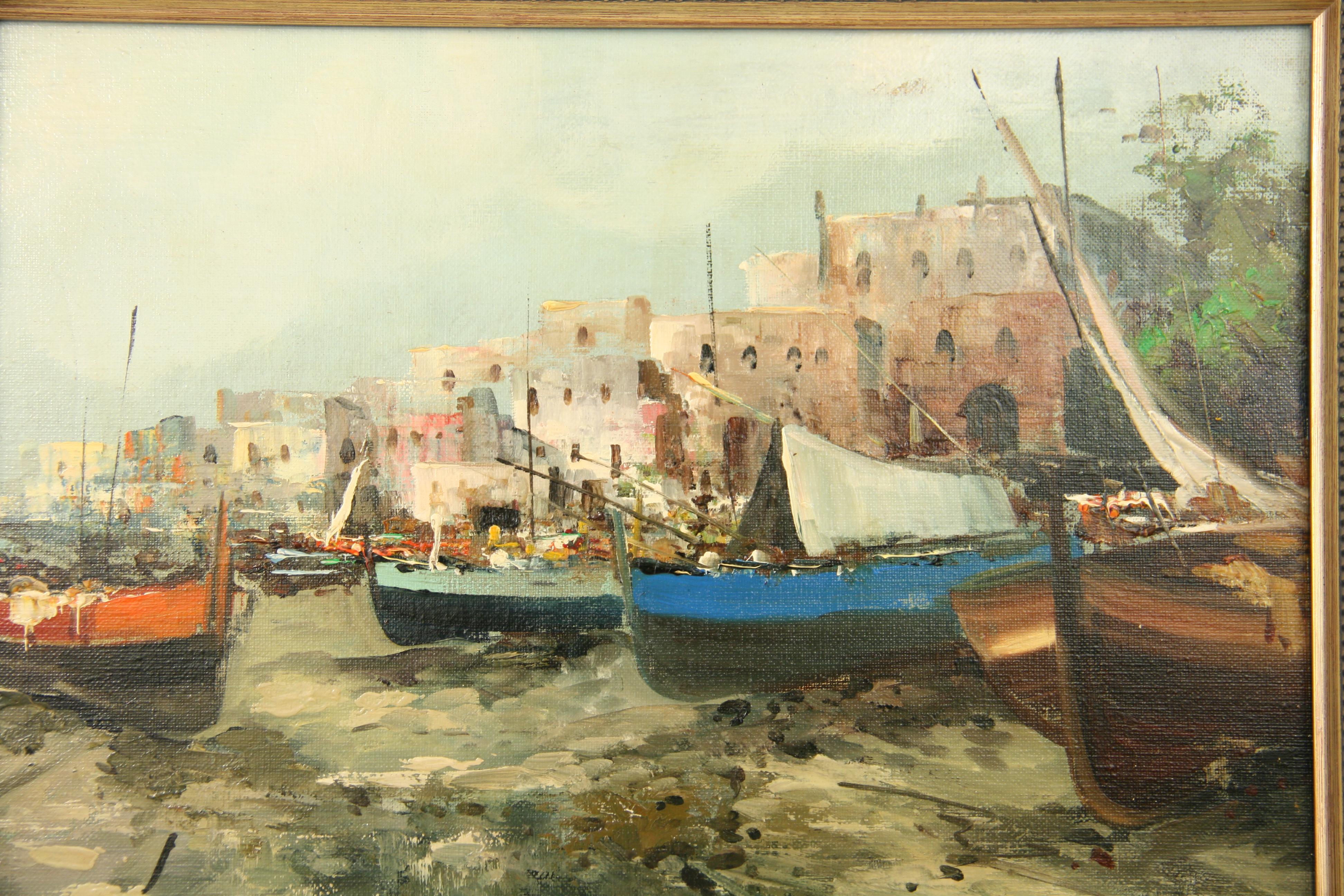 4085 Stylish and well painted 1950's Italian harbor scene
Italian Seascape, oil on canvas applied to board, displayed in a gilt wood frame, signed by De Angelis.
Image size 10.5 H x 13.25 W
