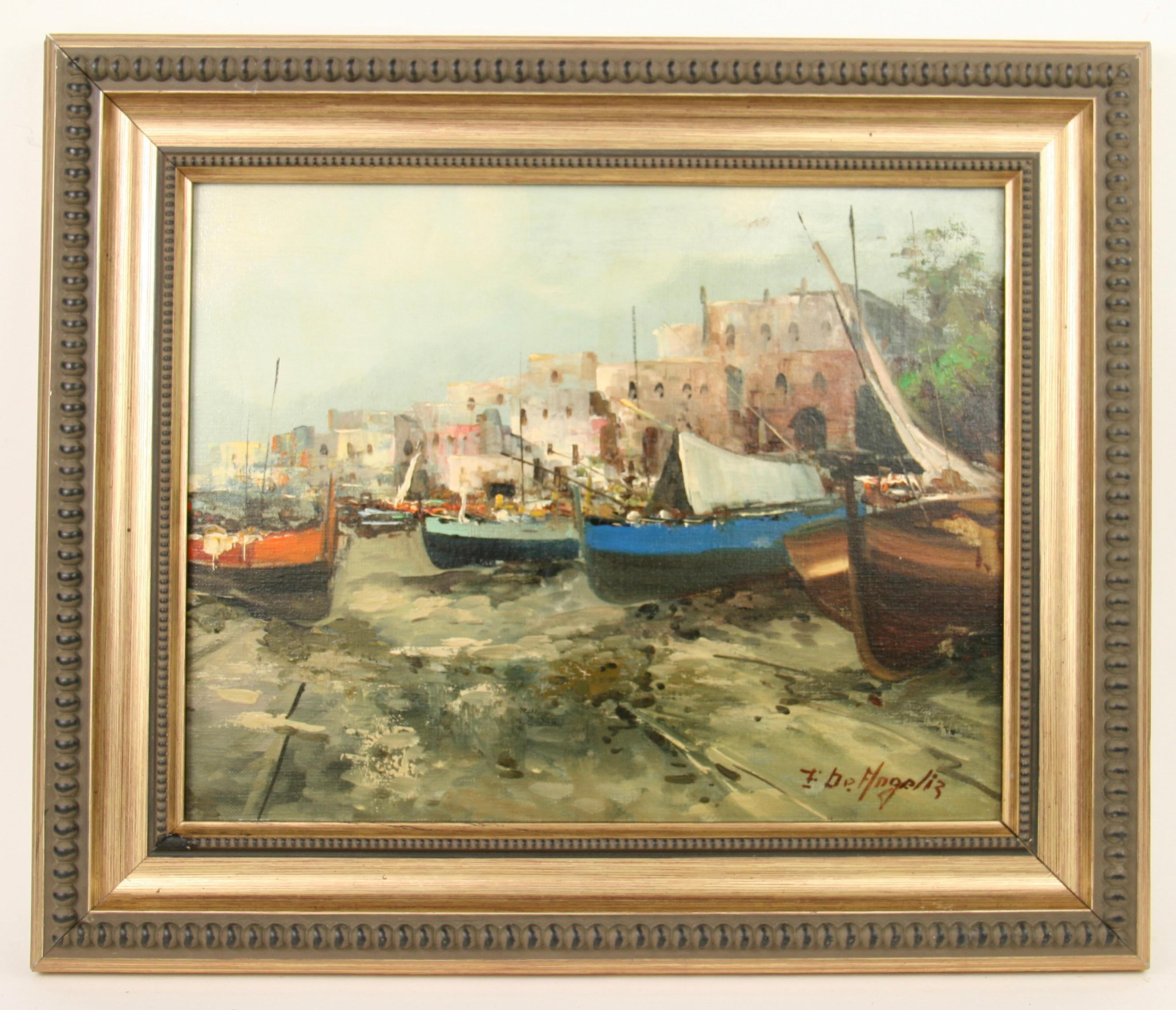   Fishing Boats in a Harbor Italian oil Painting 1950 For Sale 2