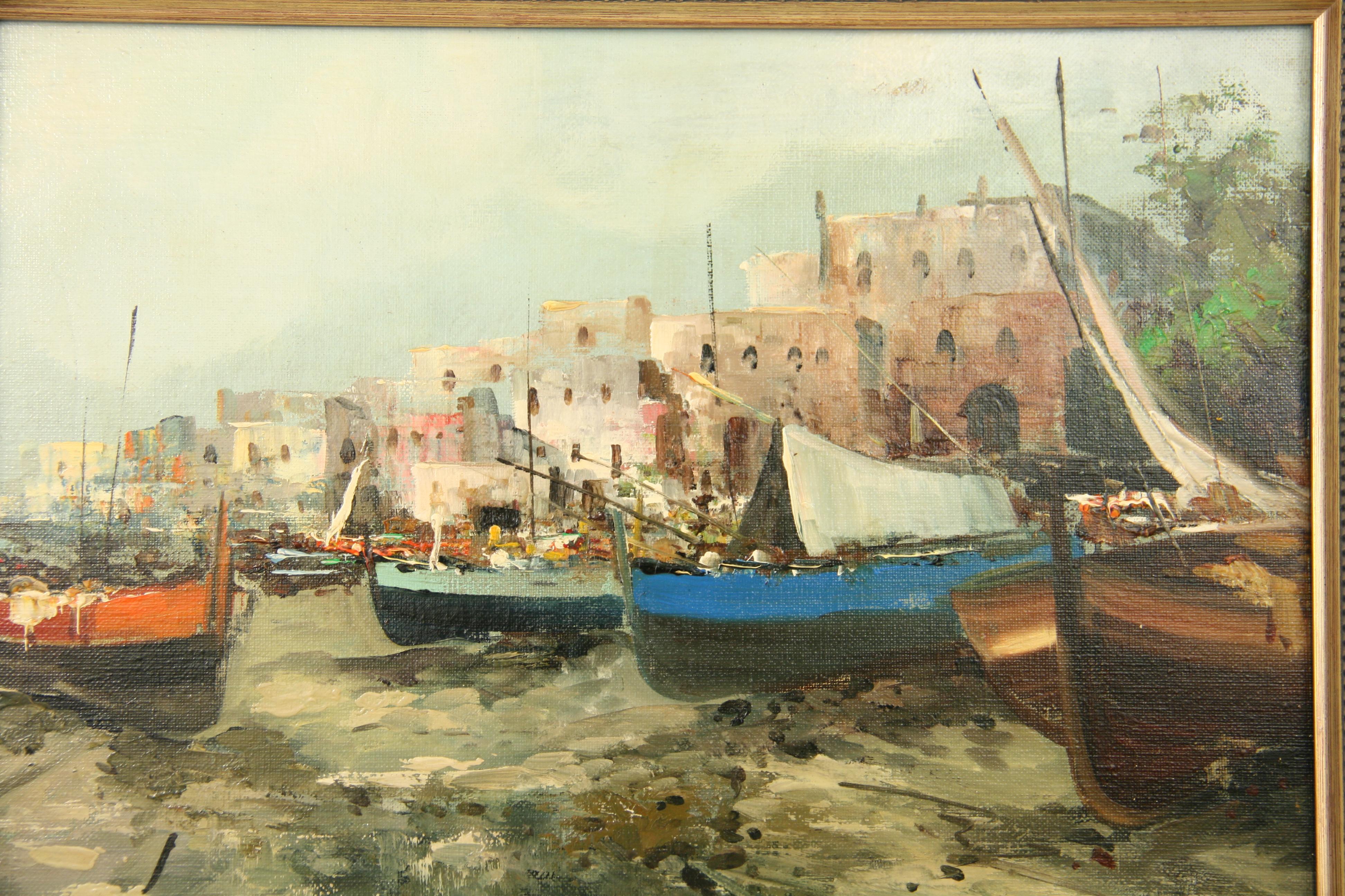Peinture à l'huile italienne de la côte amalfitaine, 1950 - Marron Landscape Painting par De Angelis