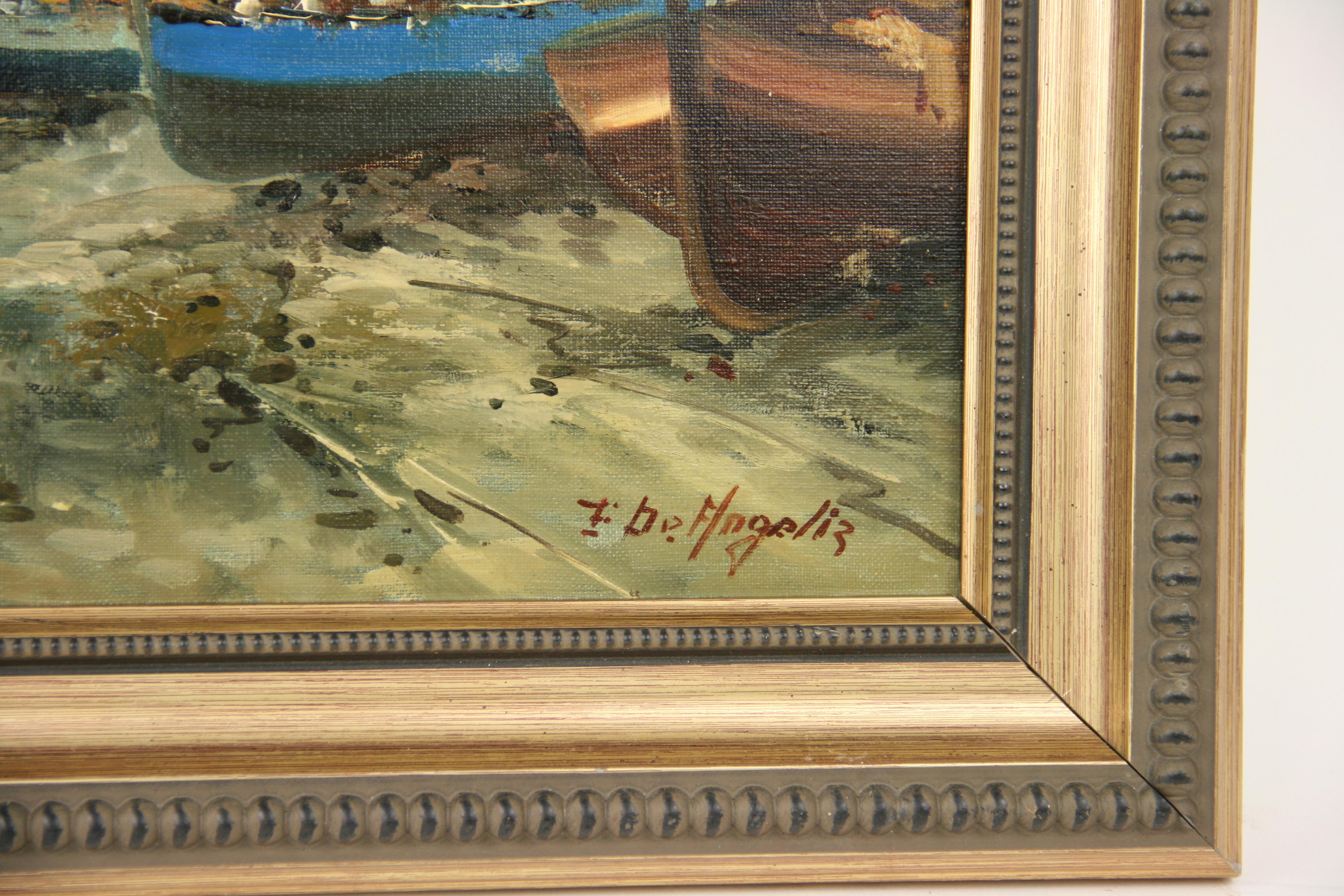 4085 Scène de port italien des années 1950, élégante et bien peinte
Paysage marin italien, huile sur toile appliquée sur carton, présentée dans un cadre en bois doré, signée par De Angelis.
Taille de l'image 10,5 H x 13,25 L