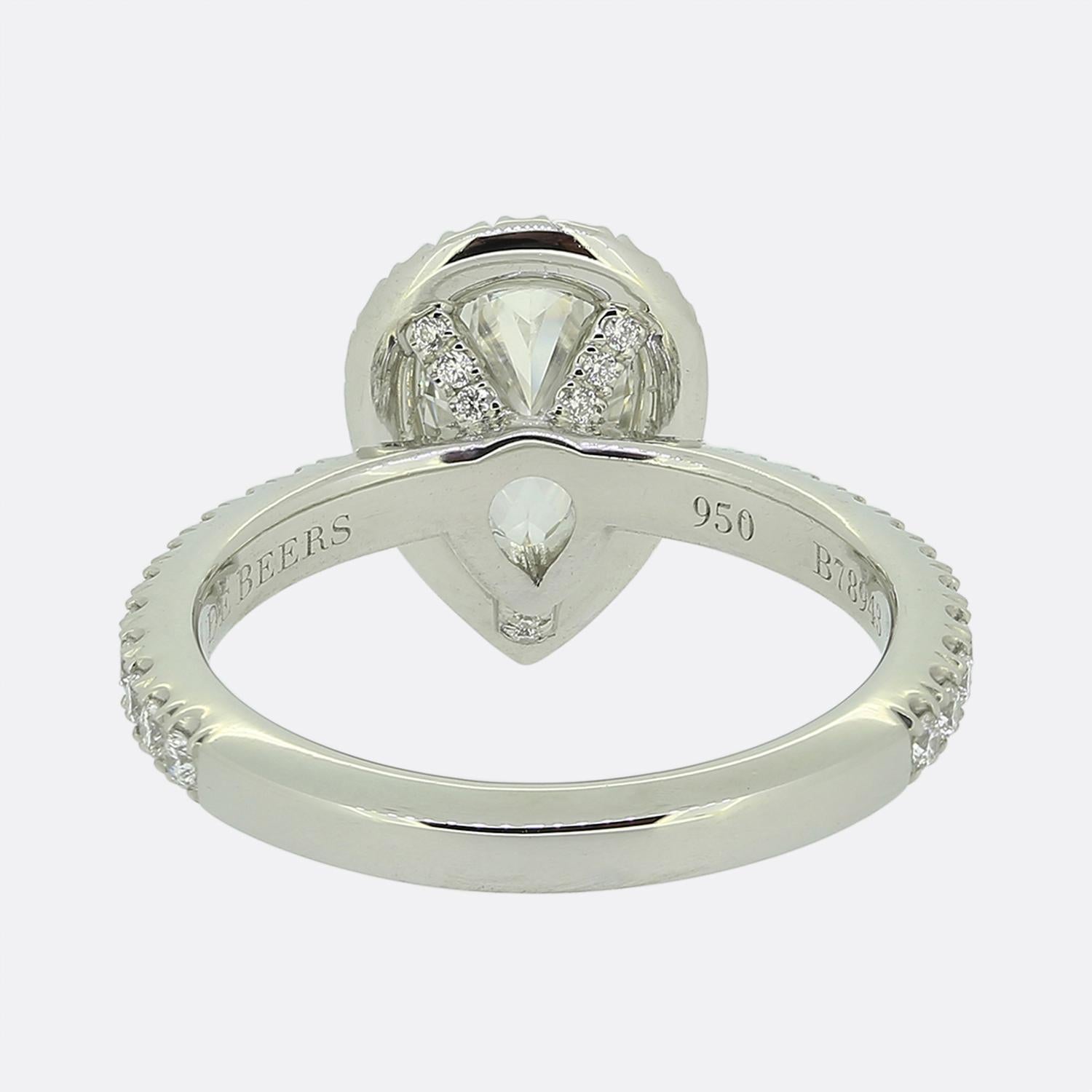 Women's or Men's De Beers 0.88 Carat Pear Cut Diamond Engagement Ring For Sale