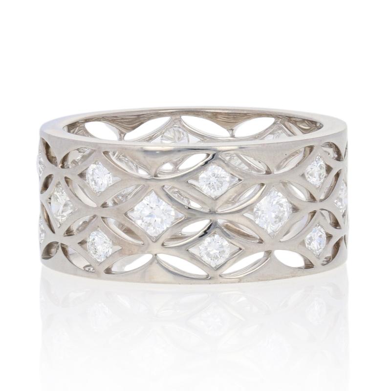 This ring is a size 6 1/2 - 6 3/4.

Brand: De Beers
Metal Content: Guaranteed 18k Gold as stamped 

Stone Information: 
Natural Diamonds  
Clarity: VS1 - VS2
Color: F - G  
Cut: Round Brilliant
Total Carats: 1.28ctw 

Style: Eternity Band
Face