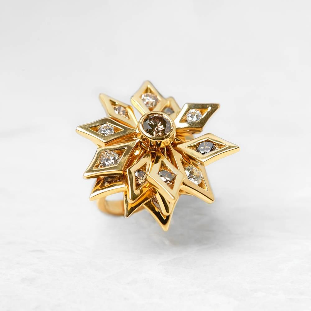 Round Cut De Beers 18 Karat Yellow Gold Fancy Brown and White Diamond Floral Cocktail Ring