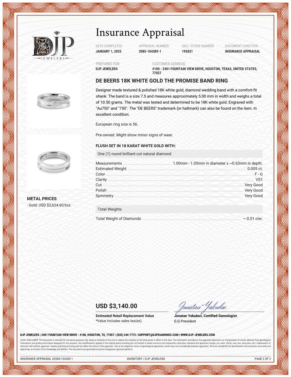 De Beers 18K White Gold the Promise Band Ring 4