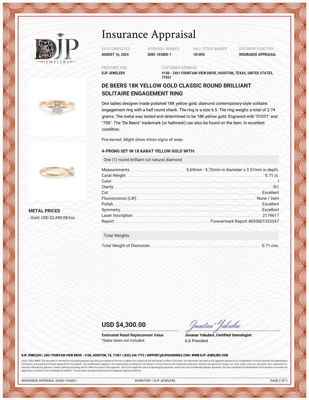 De Beers 18K Gelbgold Classic Rundbrillant Solitär Verlobungsring im Angebot 4