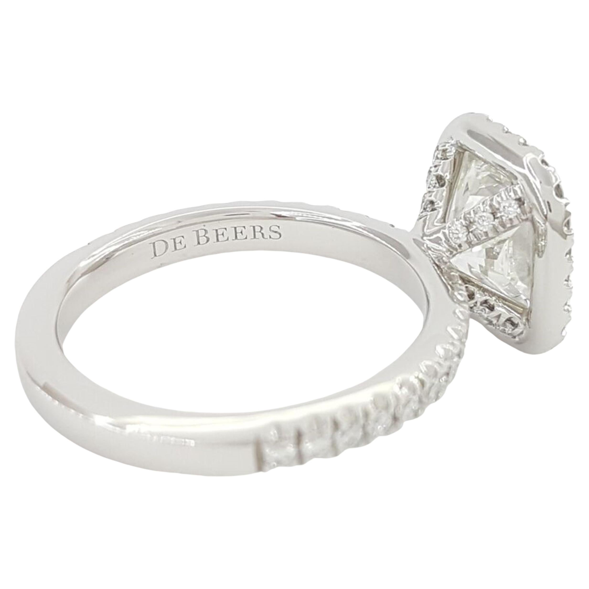Contemporary De Beers 2.54 ct Aura Elongated Cushion Brilliant Cut Diamond Halo Platinum Ring