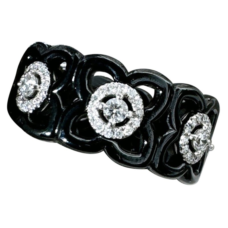 Pre-owned De Beers Black Ceramic 18k White Gold Diamond Lotus Ring Size 57