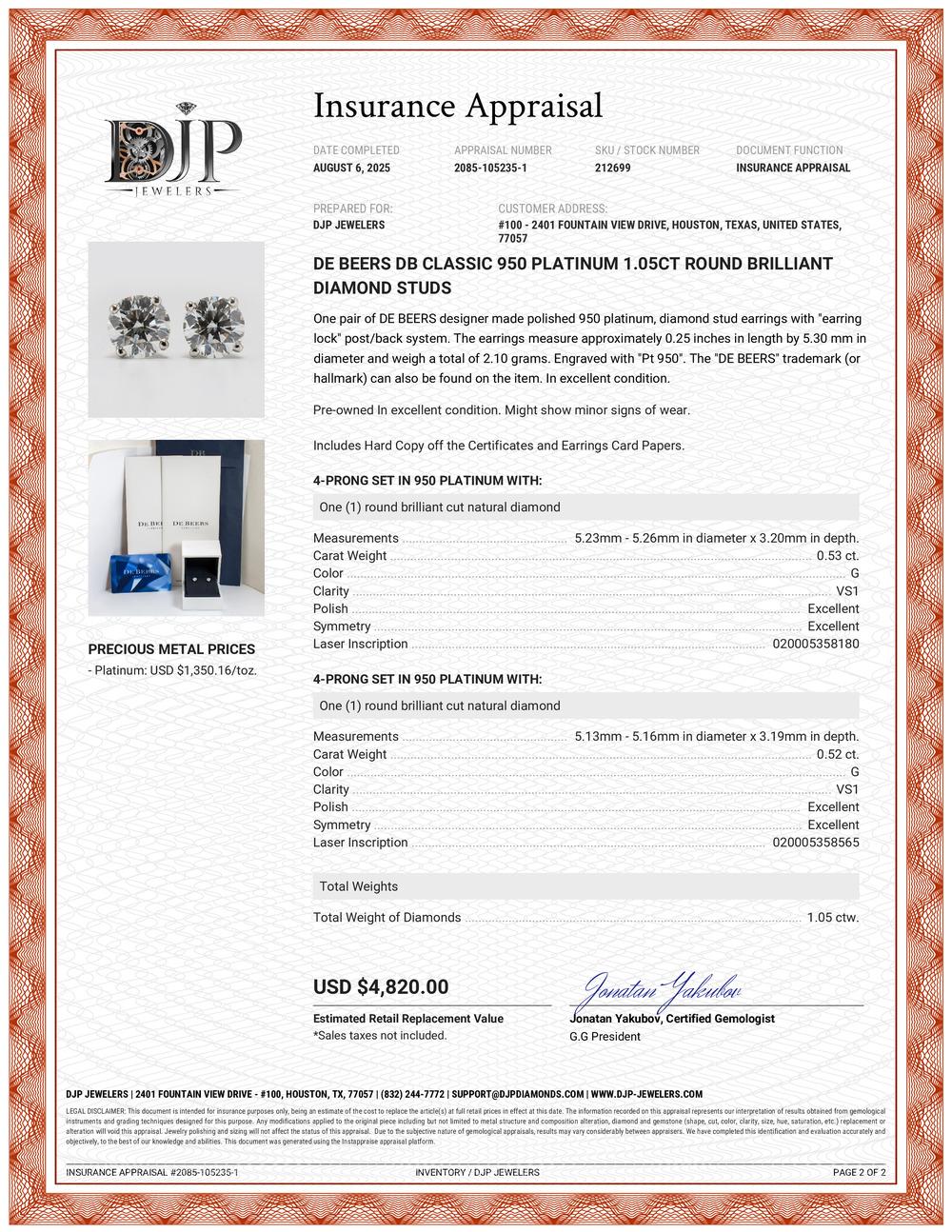 De Beers Db Classic 950 Platinum 1.05ct Round Brilliant Diamond Studs en vente 2