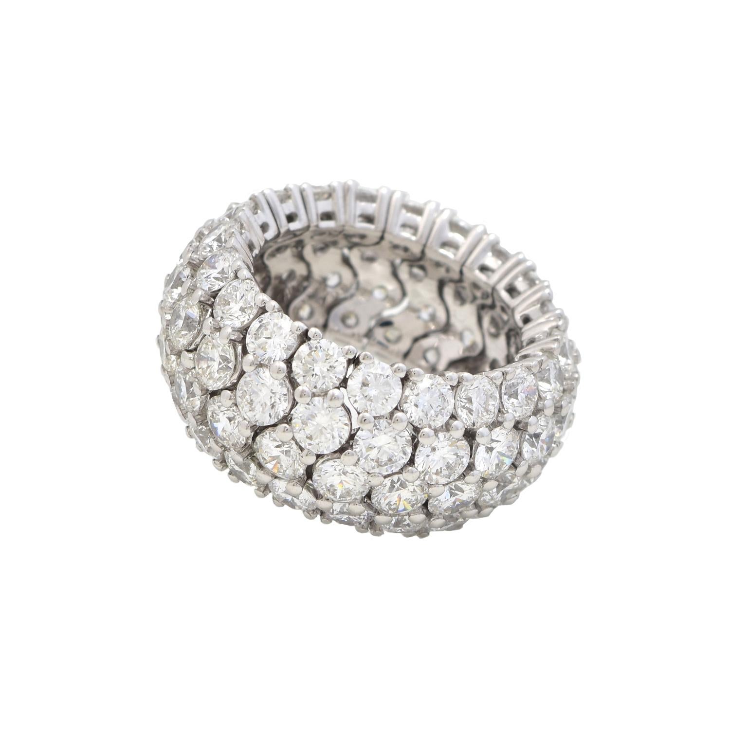 Round Cut De Beers Diamond Four Row Domed Cocktail Ring in 18 Karat White Gold