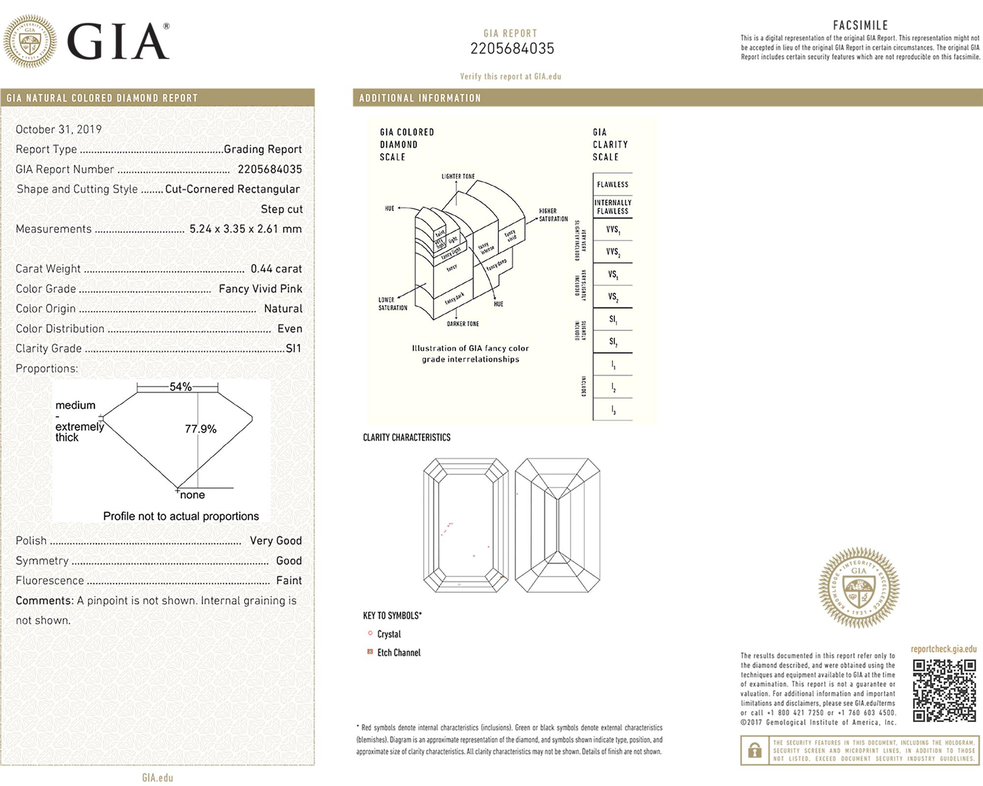 De Beers GIA zertifizierter 0,44 Karat Vivid Pink Diamond Verlobungsring (Smaragdschliff) im Angebot