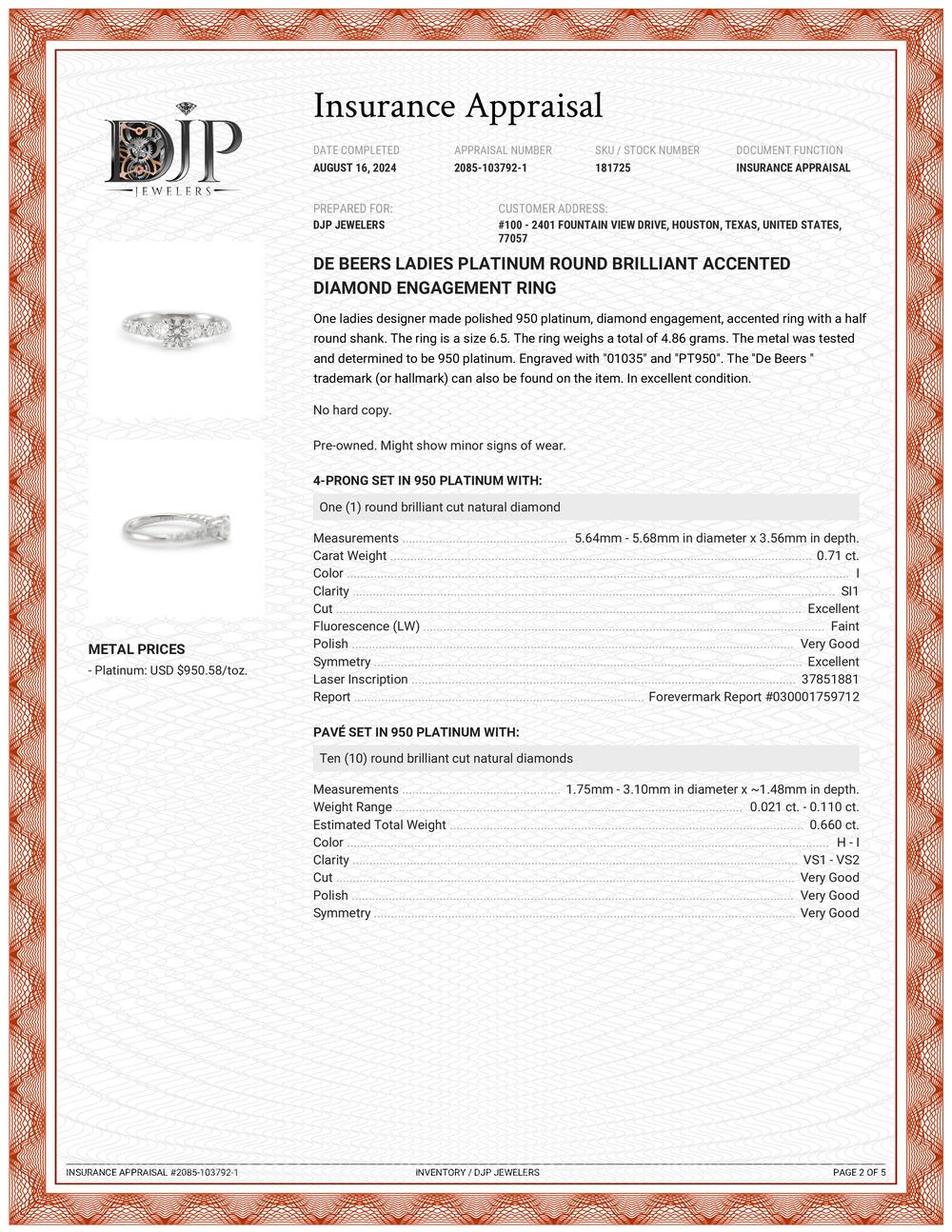 De Beers Ladies Platinum Round Brilliant Accented Diamond Engagement Ring For Sale 7