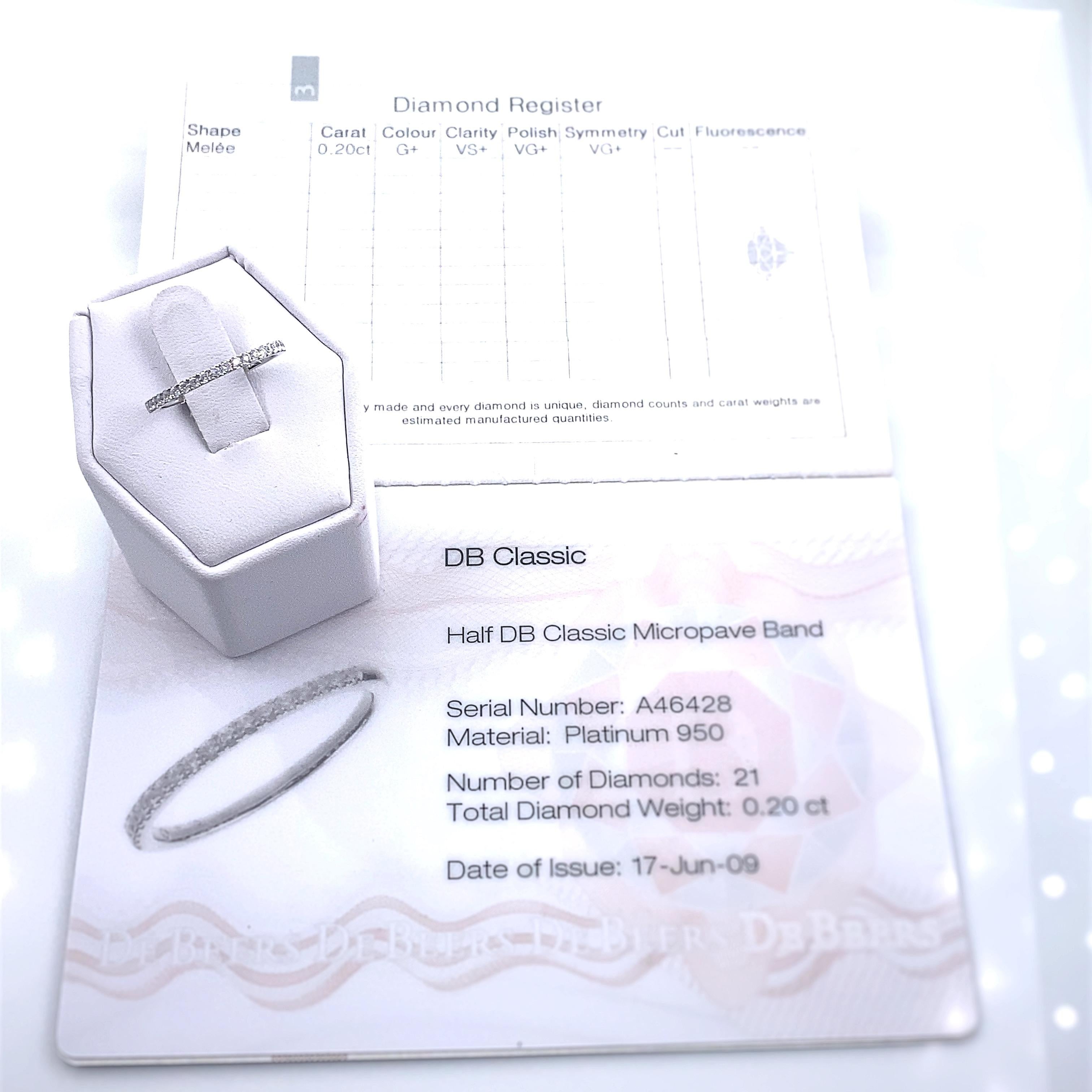 De Beers Platinum Diamond 0.20TCW Classic Half Eternity Wedding Band Ring Papers For Sale 5