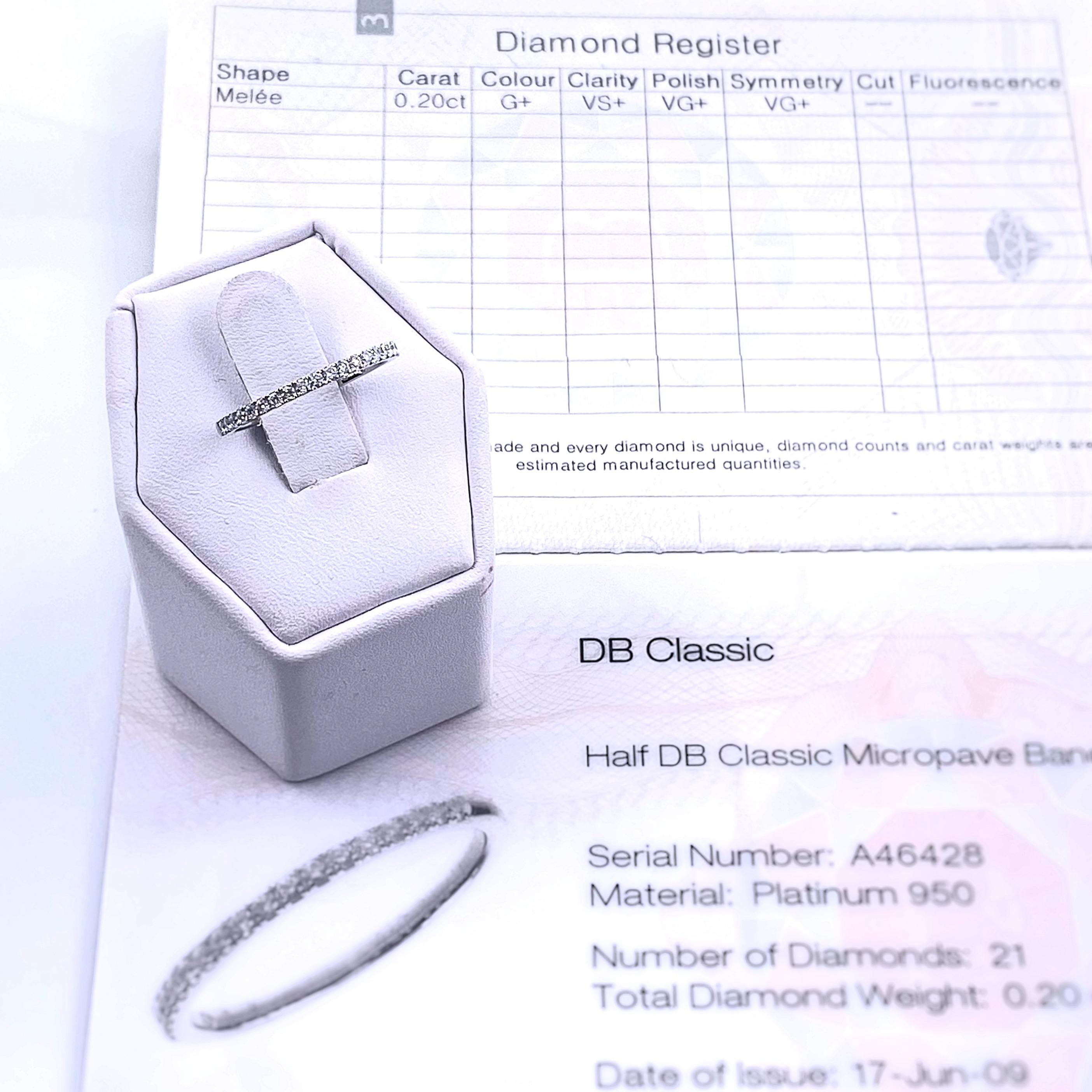 DE BEERS DIAMONDS
Style:  DB Classic Half Eternity Pave Diamond Band Ring 
Metal:  Platinum 950
Size:  5.75 - Sizable
Width:  1.8 MM
Total Carat Weight:  0.20 TCW
Diamond Shape:  21 Round Brilliant
Diamond Color & Clarity:  G / VS+
Hallmark:  DE