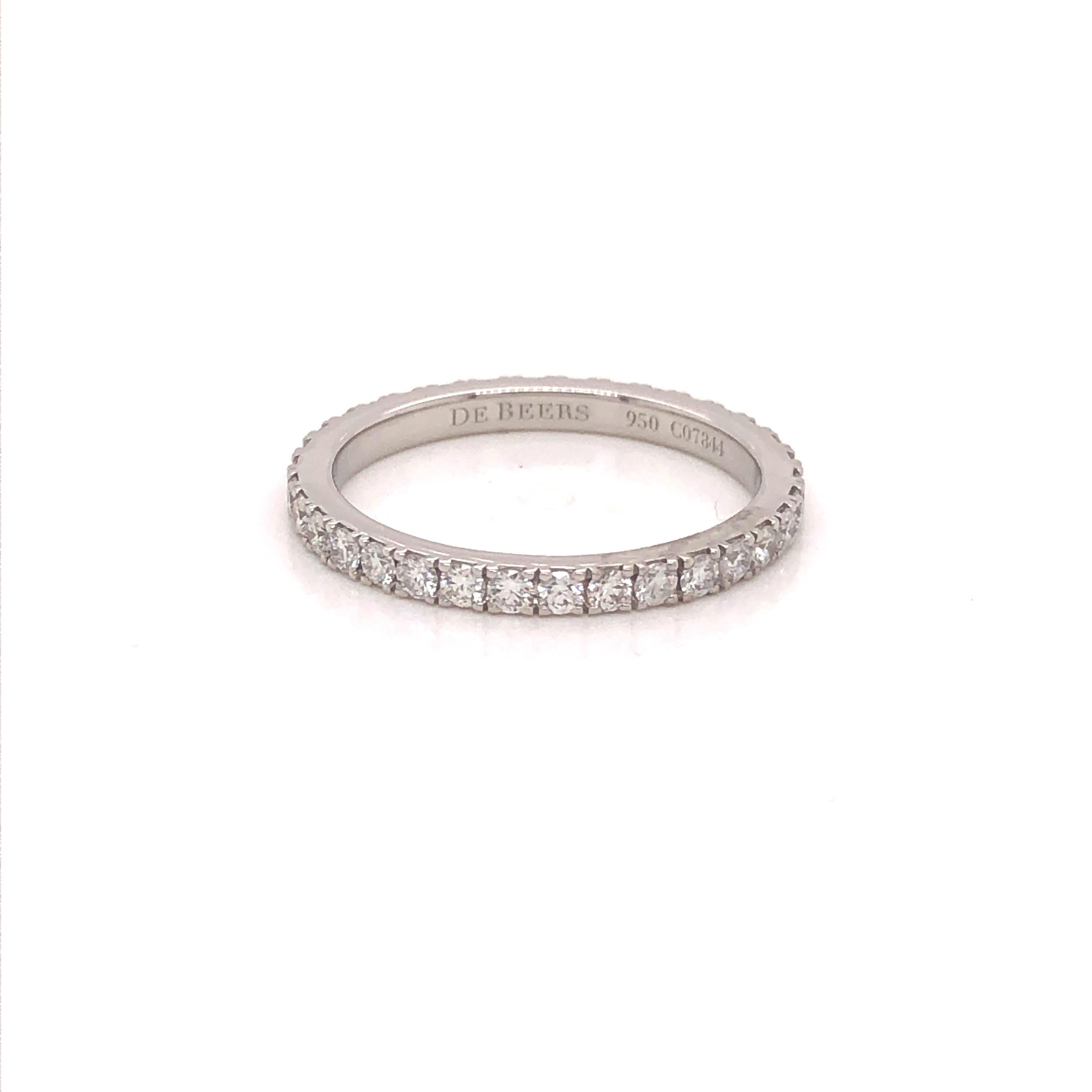 Timeless design from the most prominent Diamond house in the world.
This De Beers eternity band is crafted in Platinum, a size 47 (4), and set with a total of 34 Diamonds weighing 0.525 ct. Hallmarked by designer and marked with Serial # C07844.
In