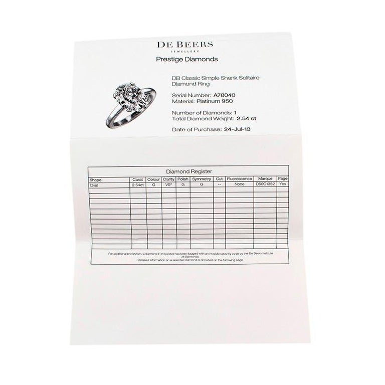 De Beers Platinum Oval Solitaire Diamond Ring - Size N1/2 For Sale